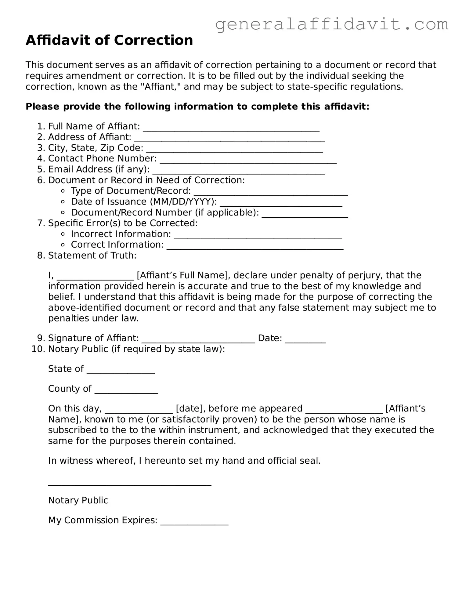 Blank Affidavit of Correction Form