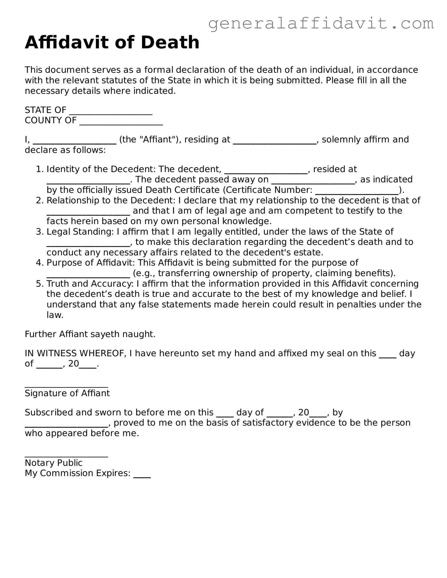 Blank Affidavit of Death Form
