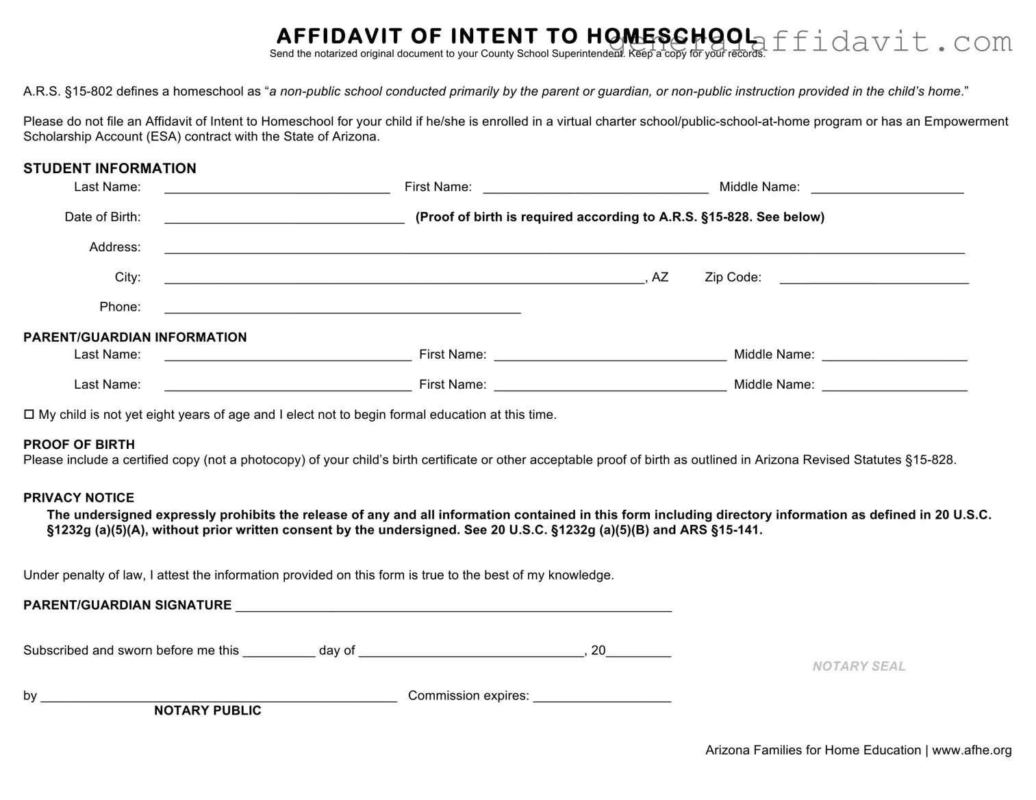 Fill Your Affidavit Homeschool Maricopa County Form