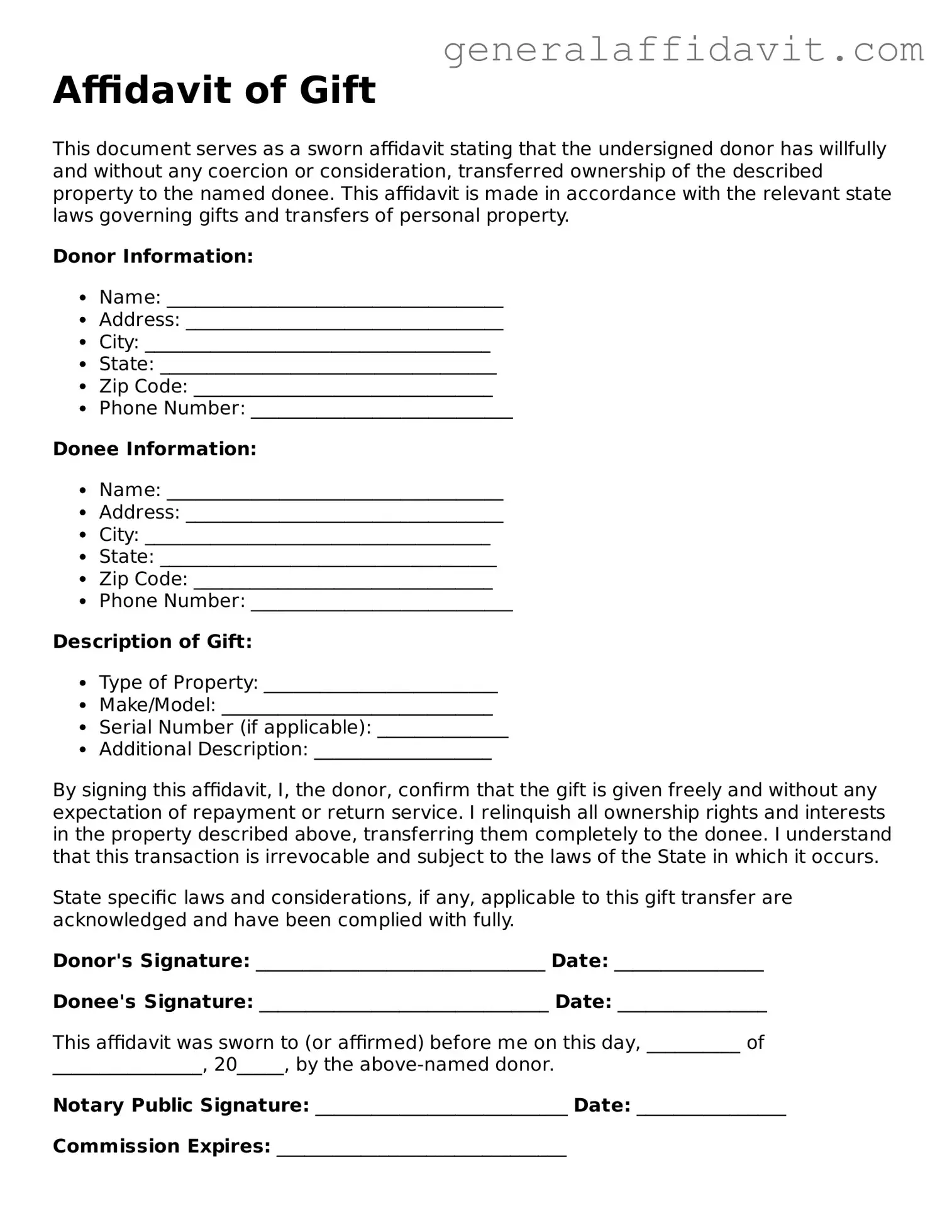 Blank Affidavit of Gift Form