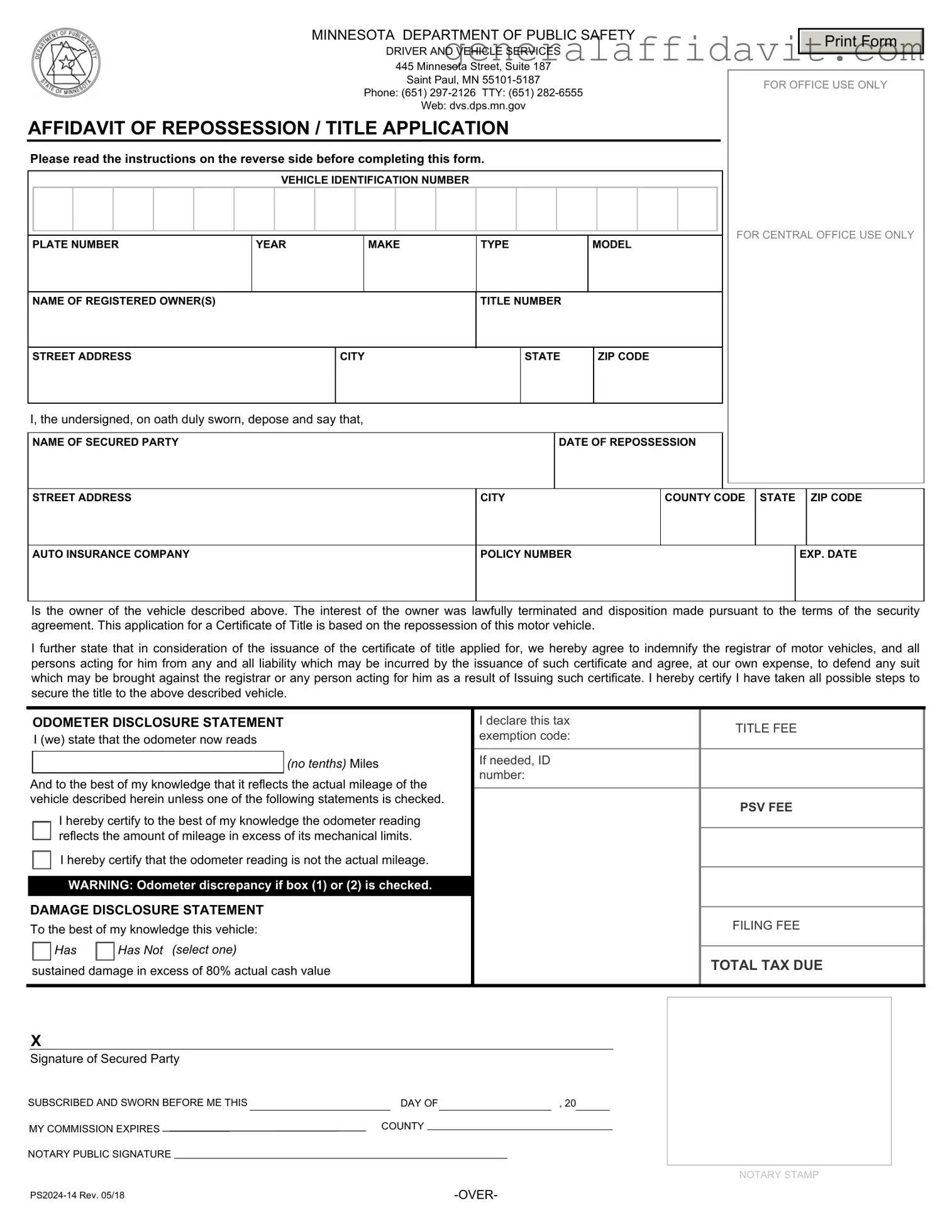 Fill Your Affidavit Of Repossession Minnesota Form
