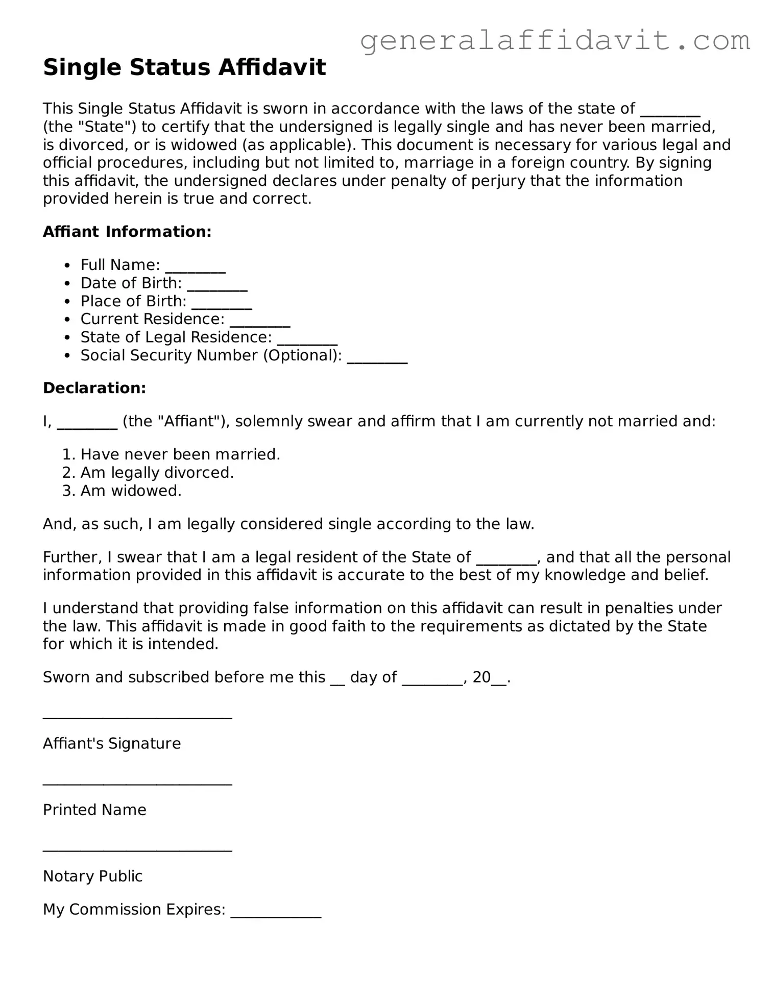 Blank Single Status Affidavit Form