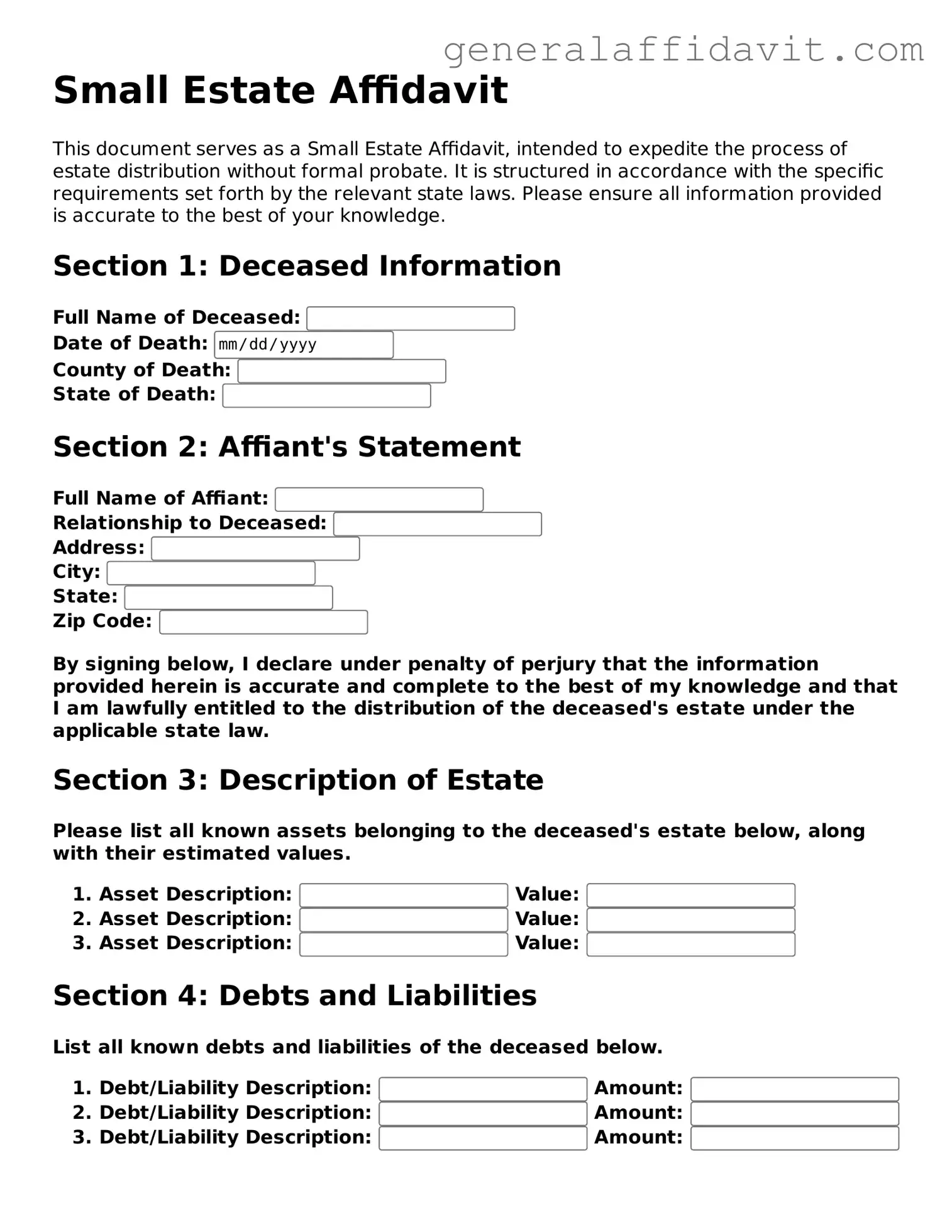 Blank Small Estate Affidavit Form