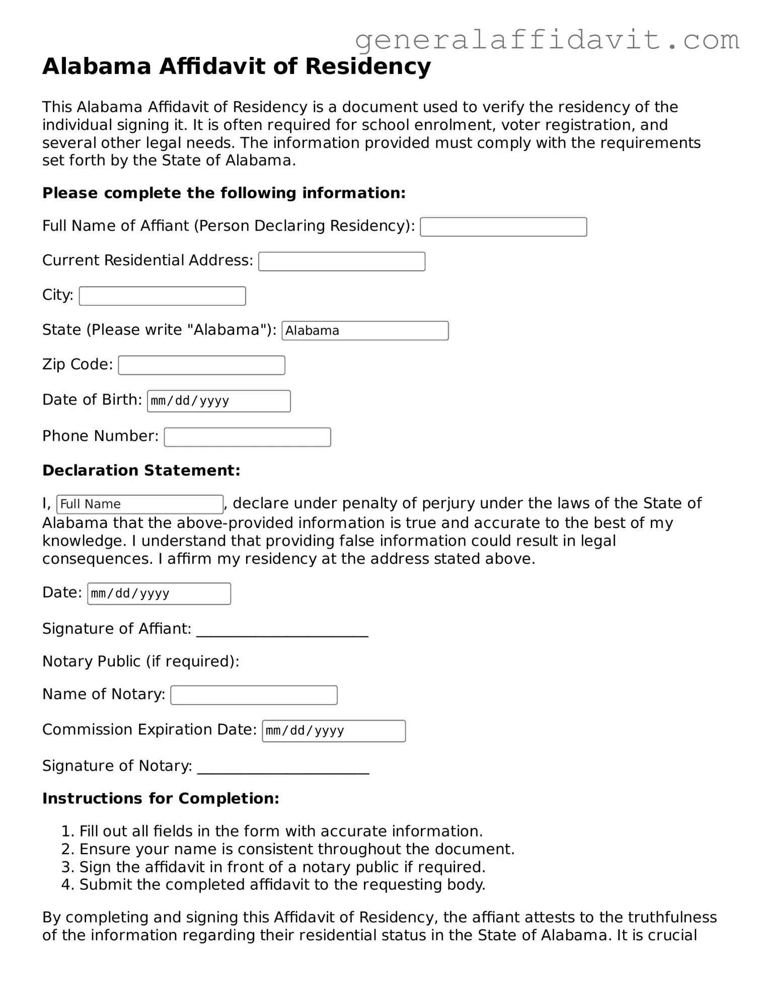 Attorney-Verified Alabama Affidavit of Residency Template