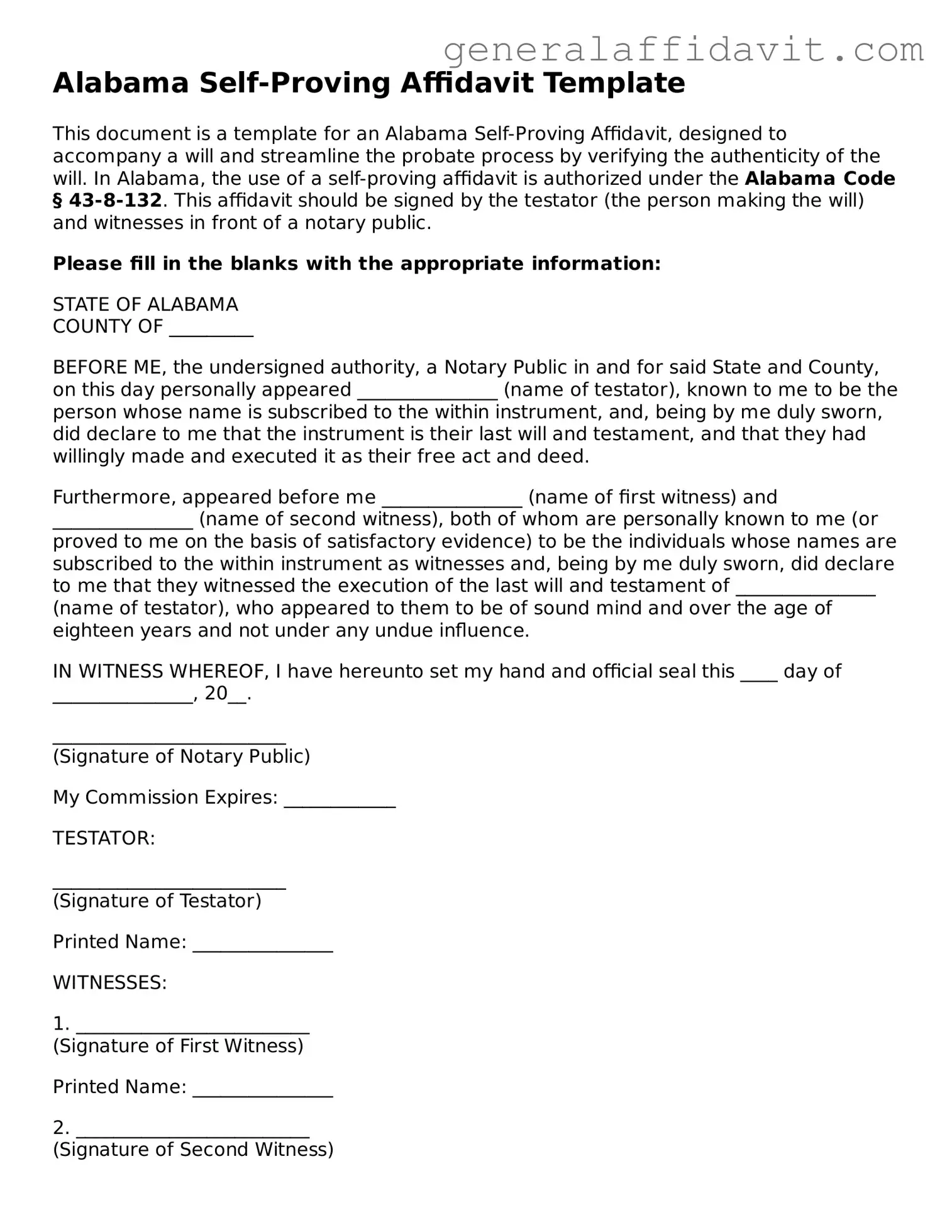 Attorney-Verified Alabama Self-Proving Affidavit Template