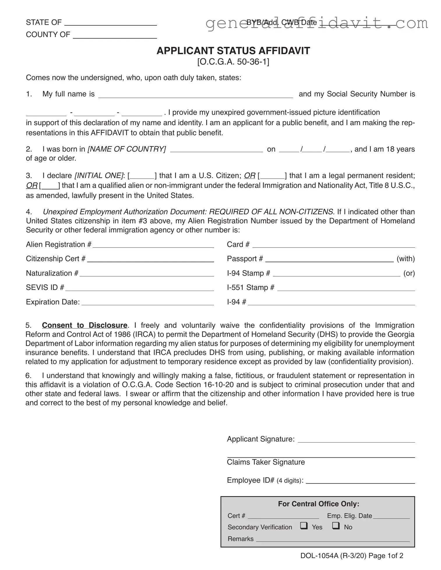 Fill Your Applicant Status Affidavit Form