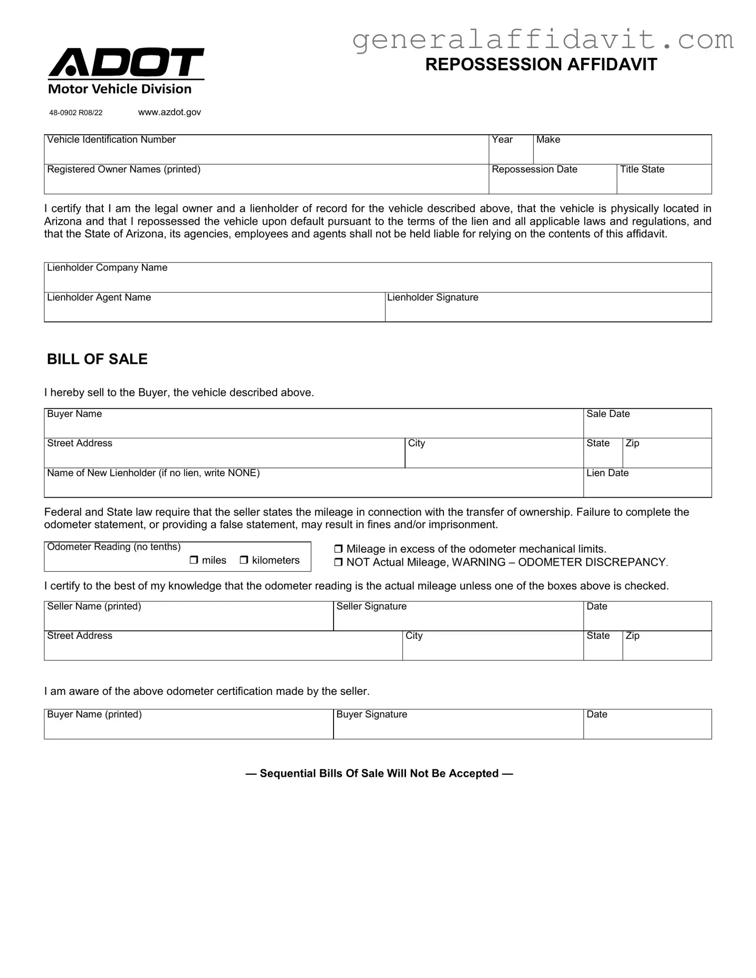 Fill Your Arizona Repossession Affidavit Form