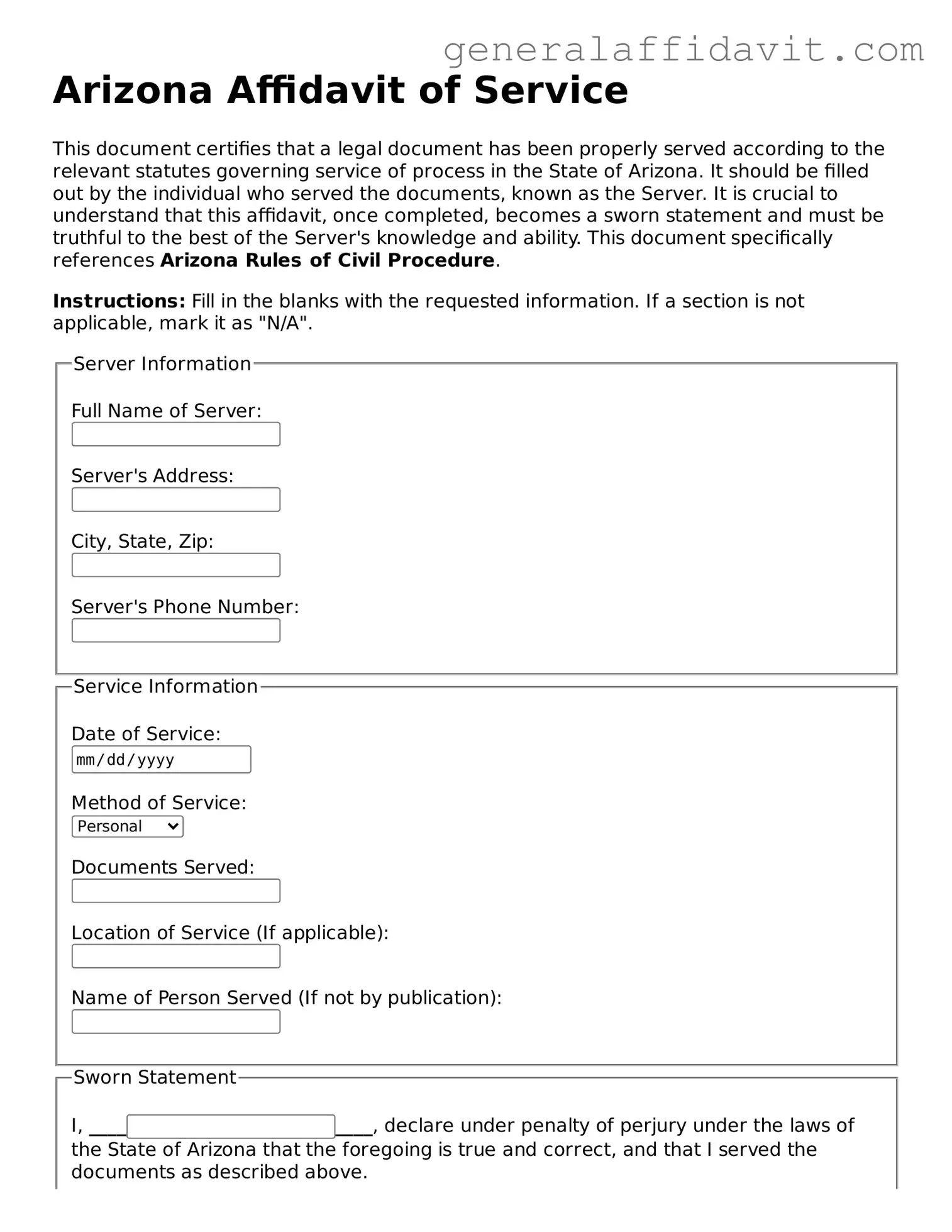 Attorney-Verified Arizona Affidavit of Service Template