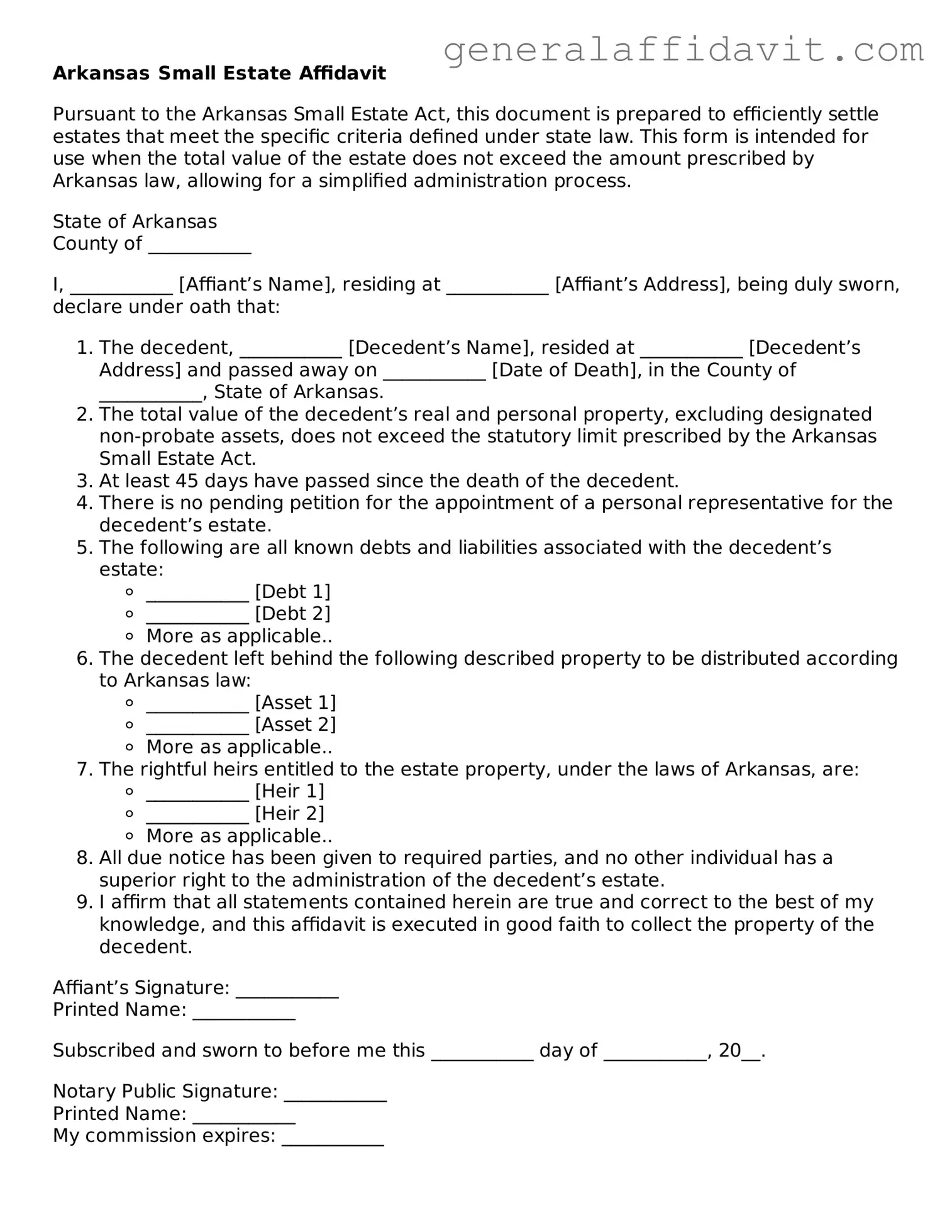 Attorney-Verified Arkansas Small Estate Affidavit Template