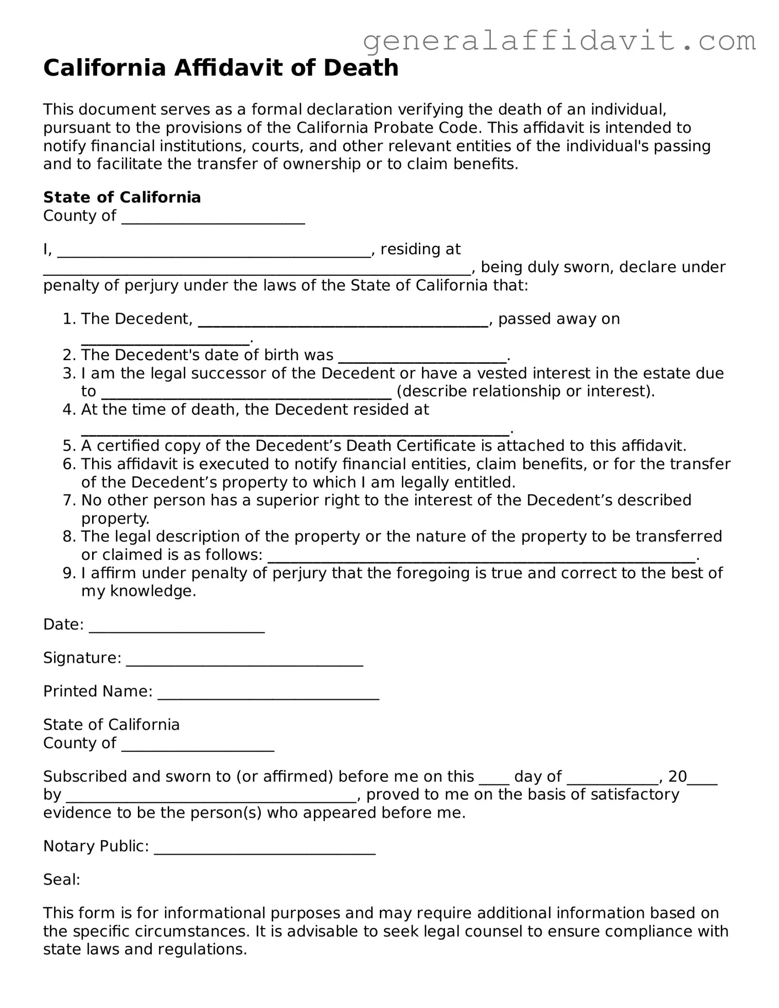 Attorney-Verified California Affidavit of Death Template