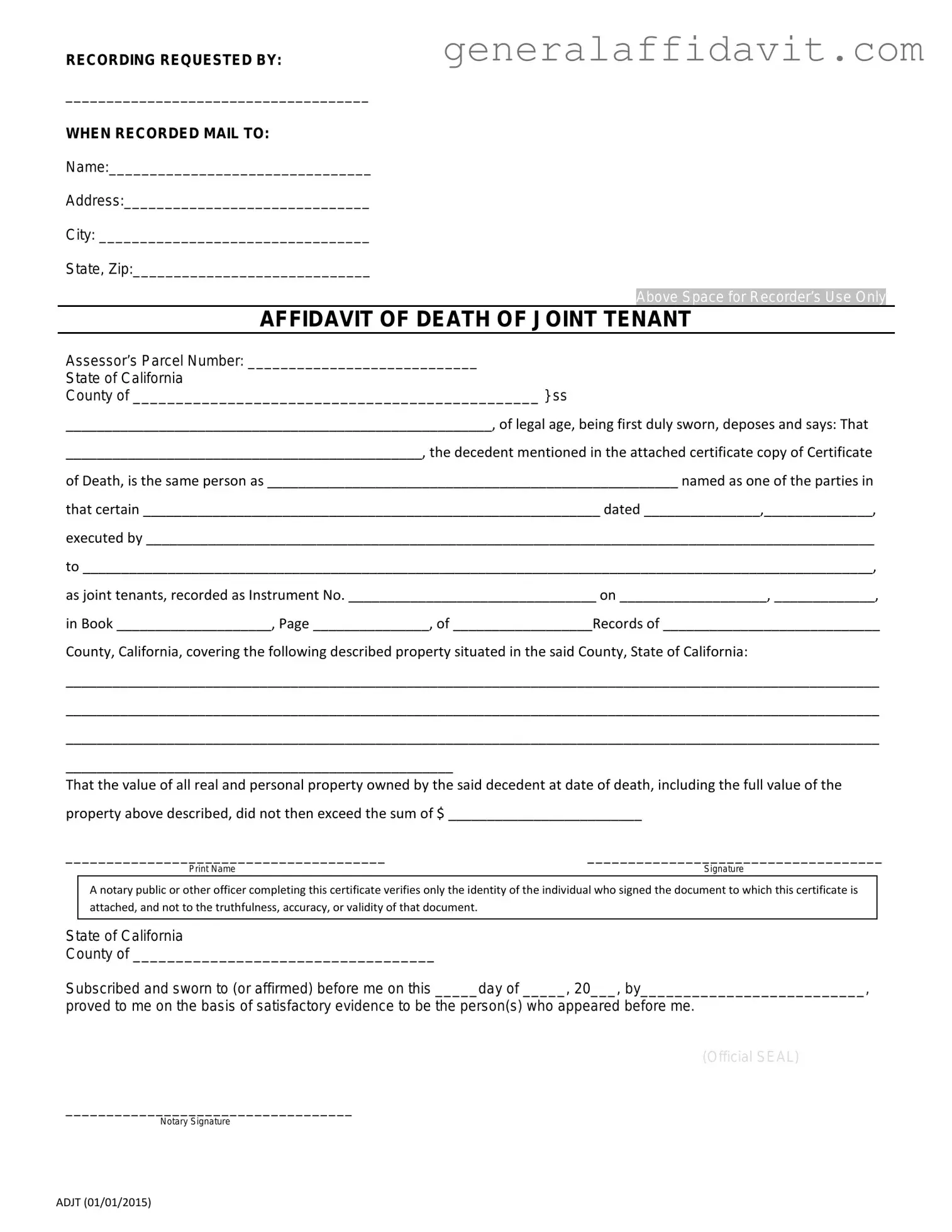 Fill Your California Death of a Joint Tenant Affidavit Form