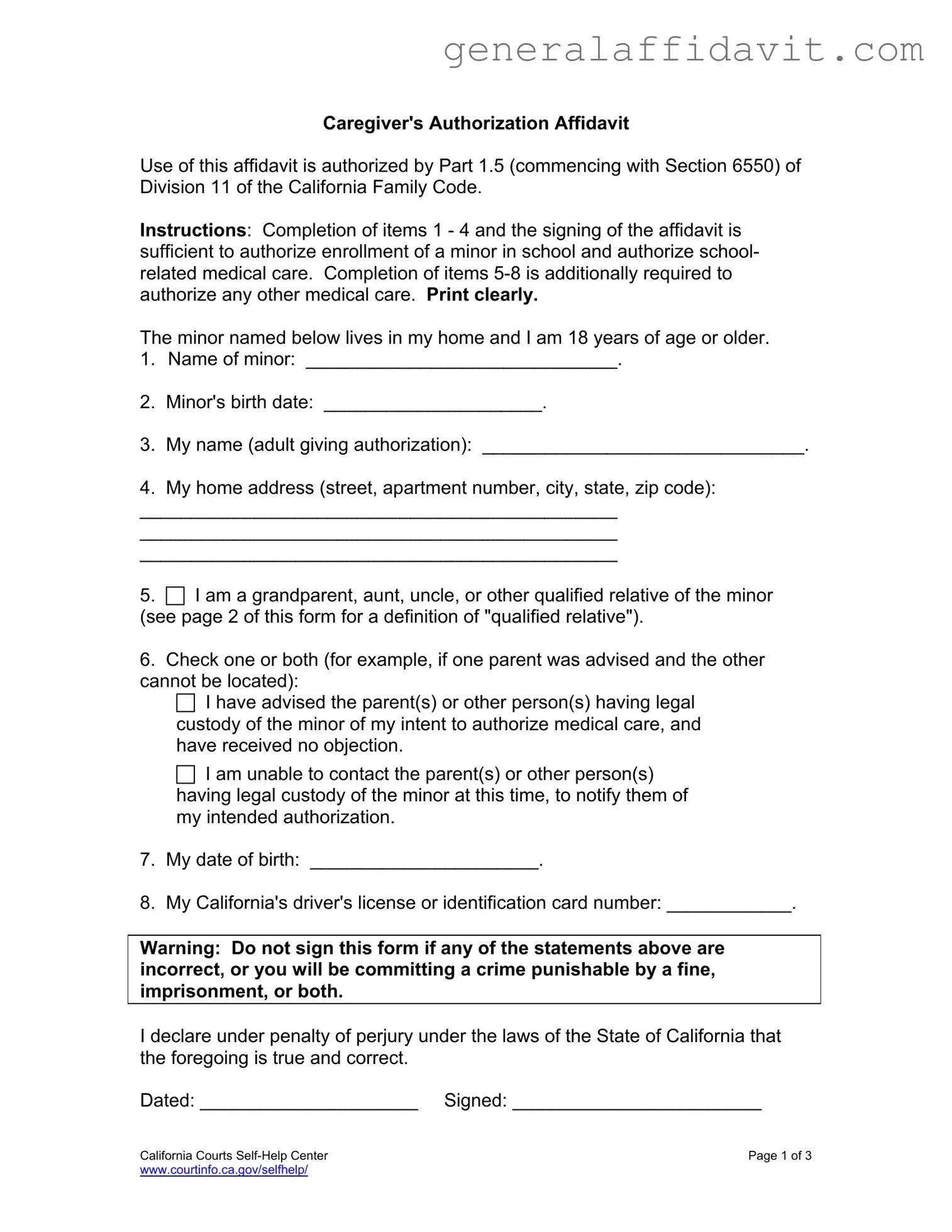 Fill Your Caregivers Authorization Affidavit Form