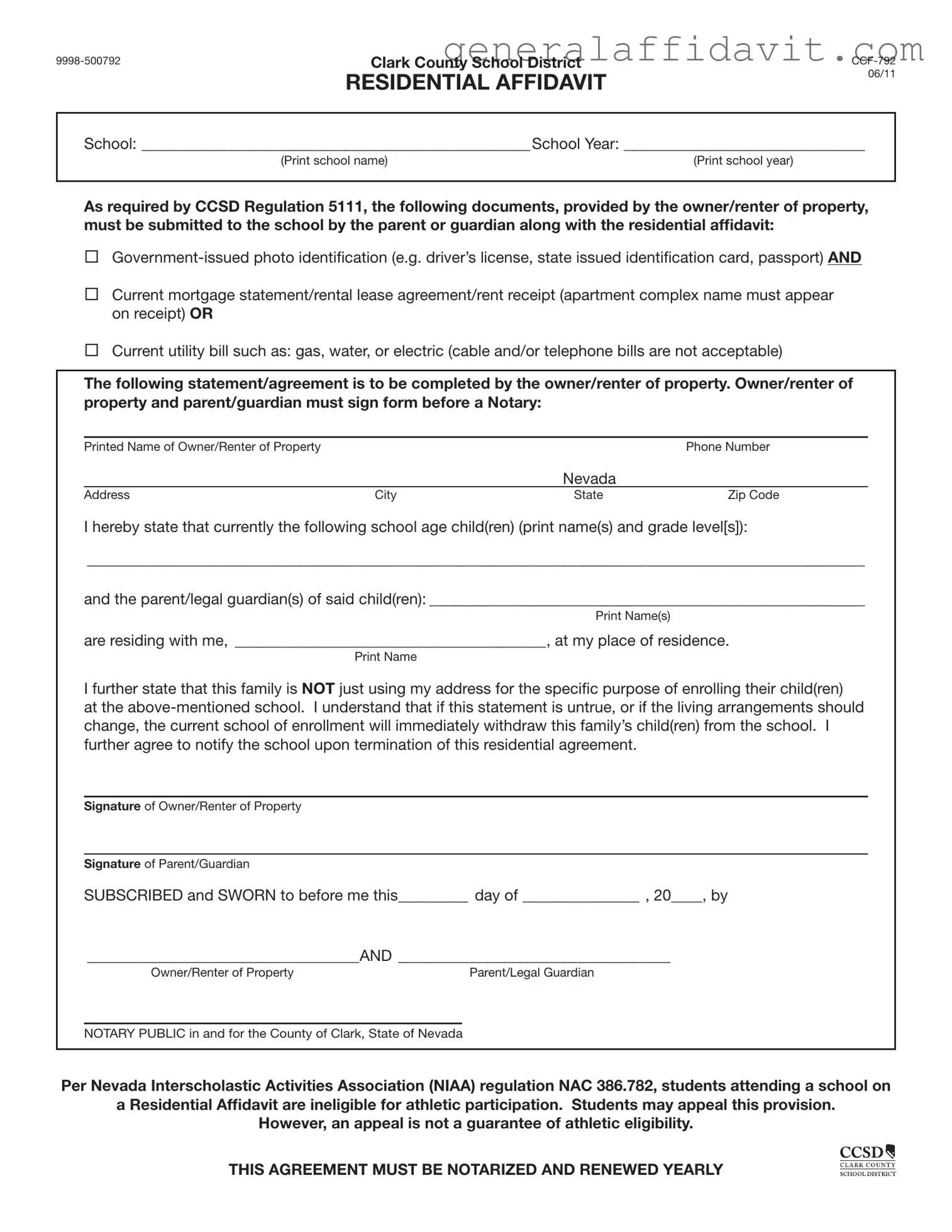 Fill Your Ccsd Residential Affidavit Form