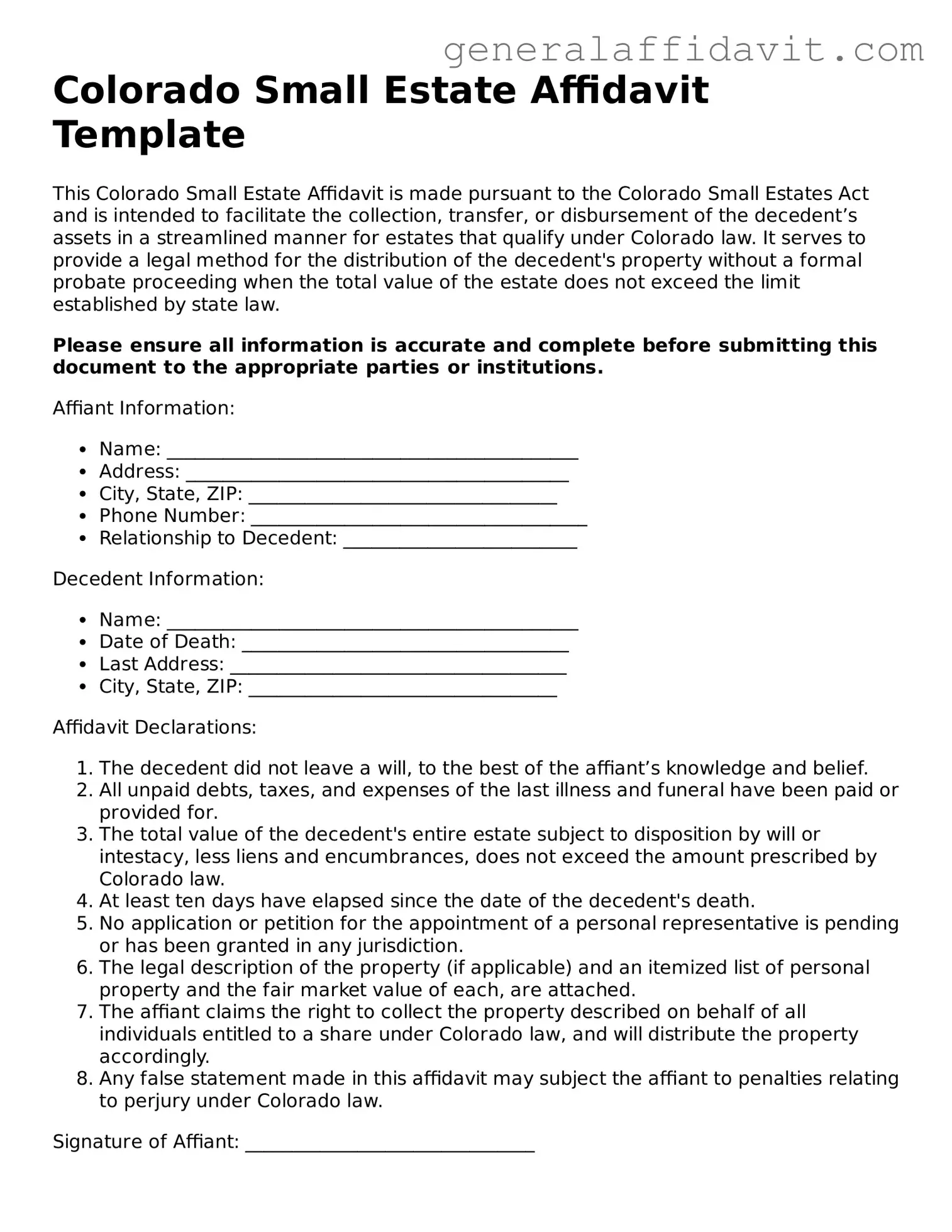 Attorney-Verified Colorado Small Estate Affidavit Template