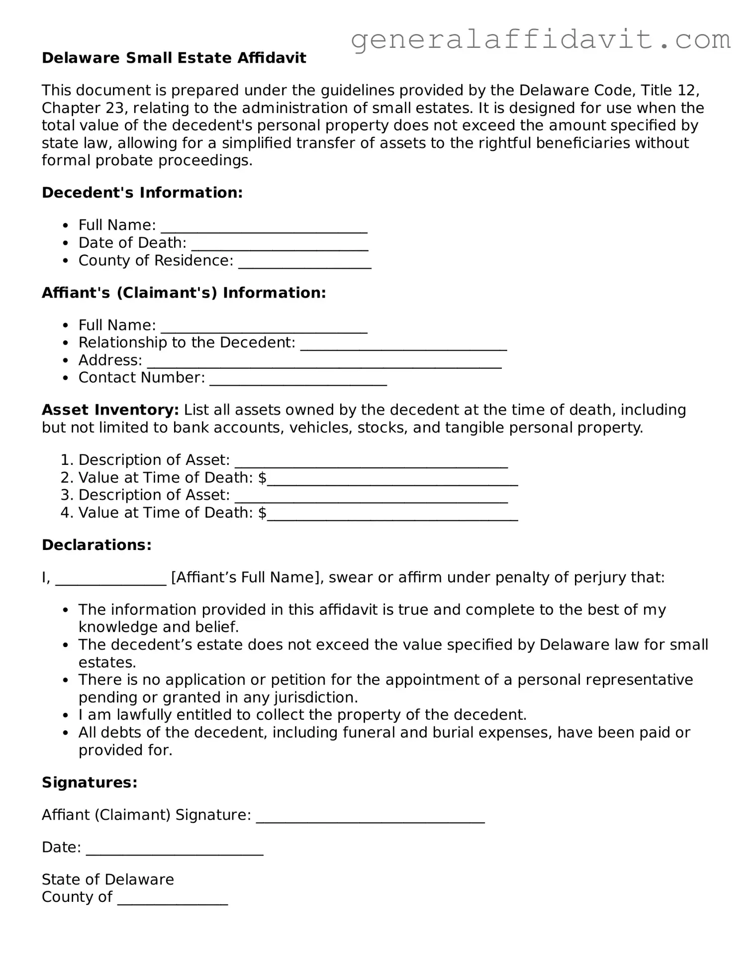 Attorney-Verified Delaware Small Estate Affidavit Template