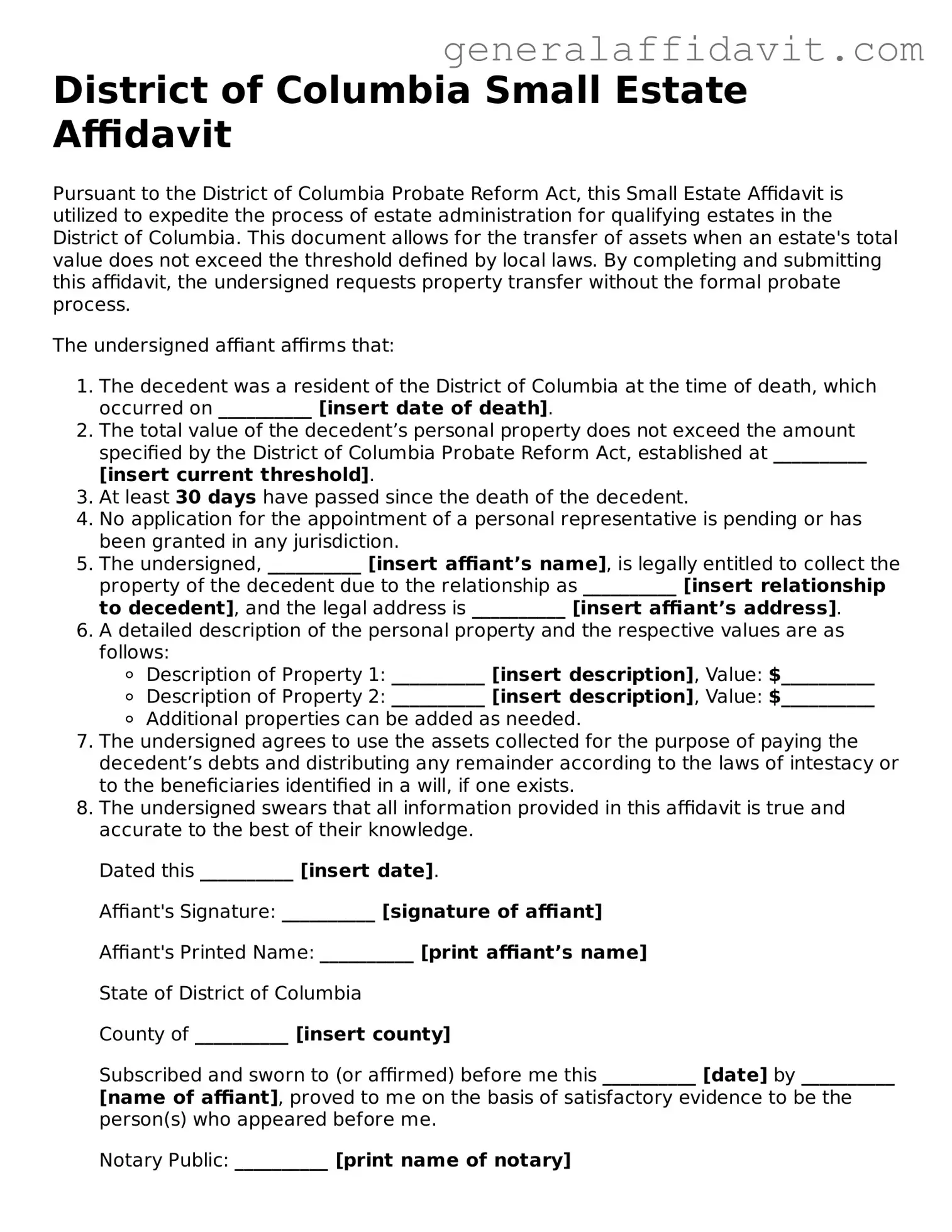 Attorney-Verified District of Columbia Small Estate Affidavit Template