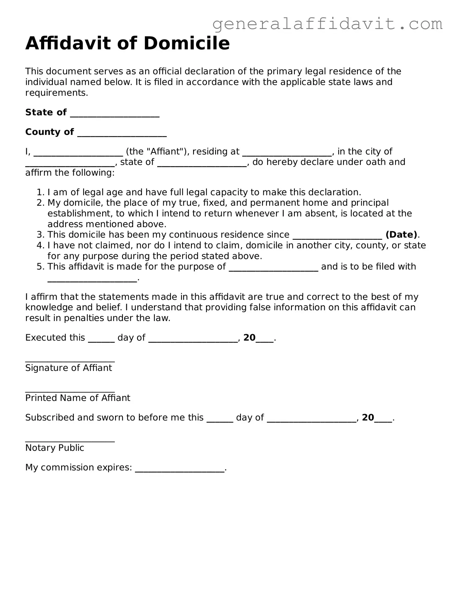 Blank Affidavit of Domicile Form
