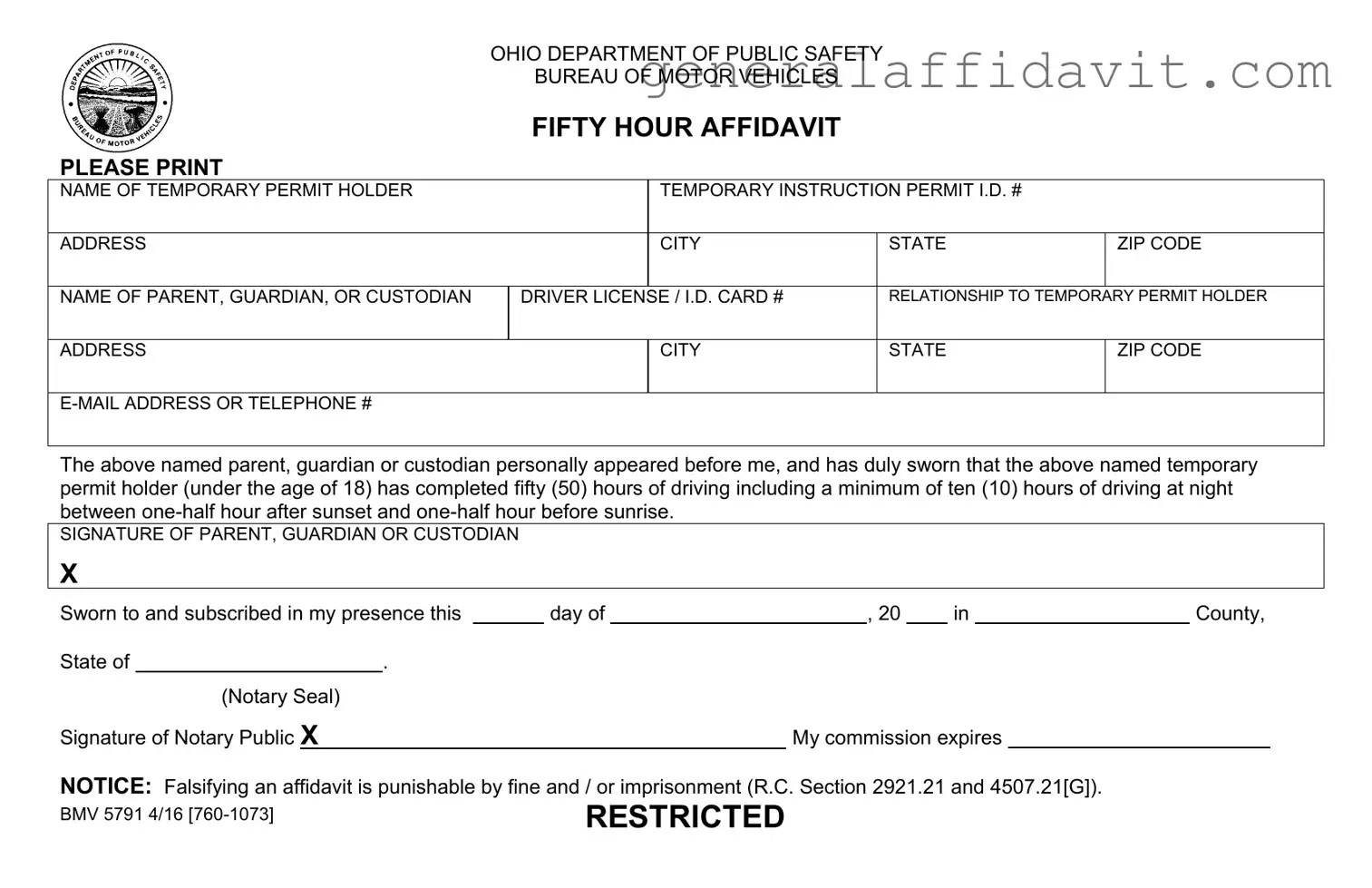 Fill Your Driving Fifty Hour Affidavit Form
