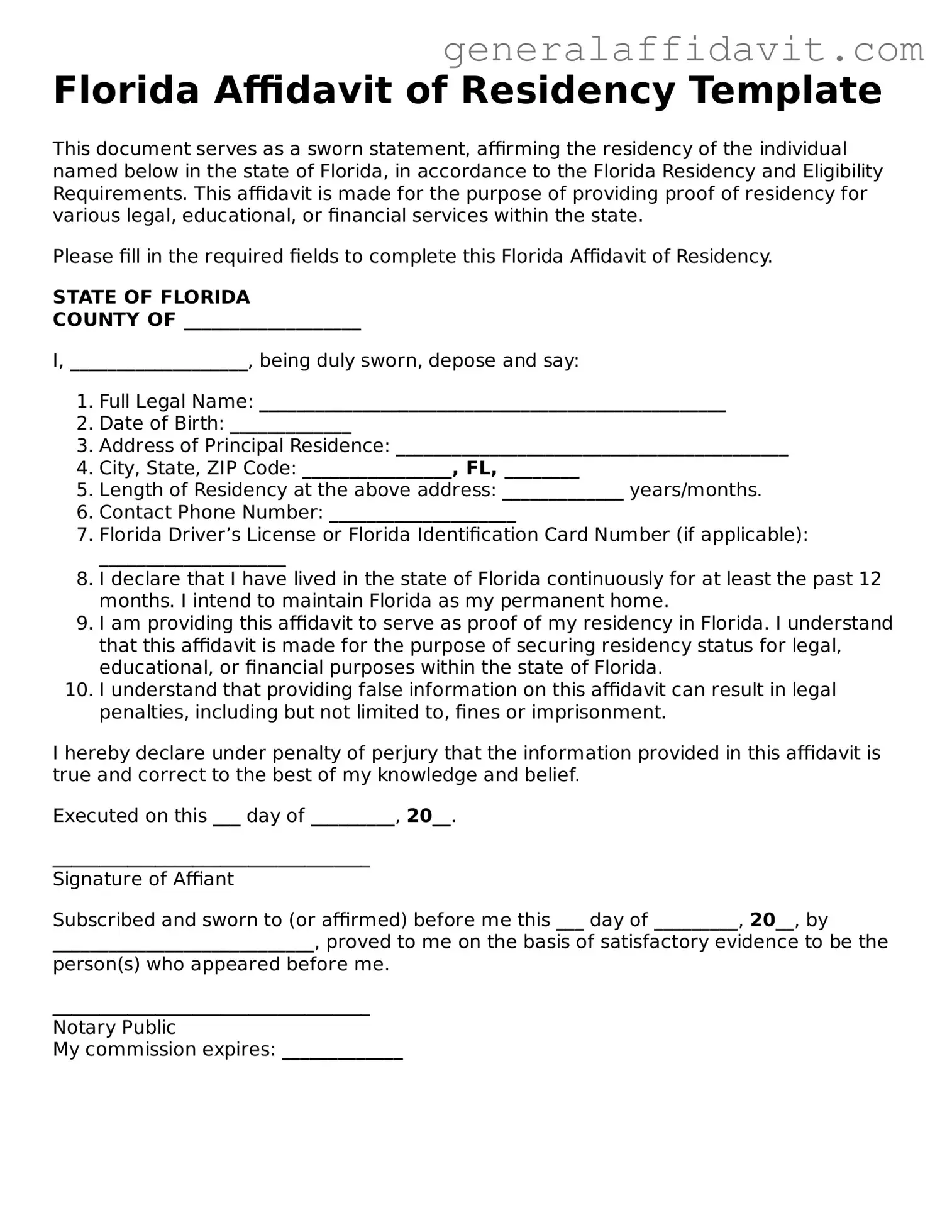 Attorney-Verified Florida Affidavit of Residency Template