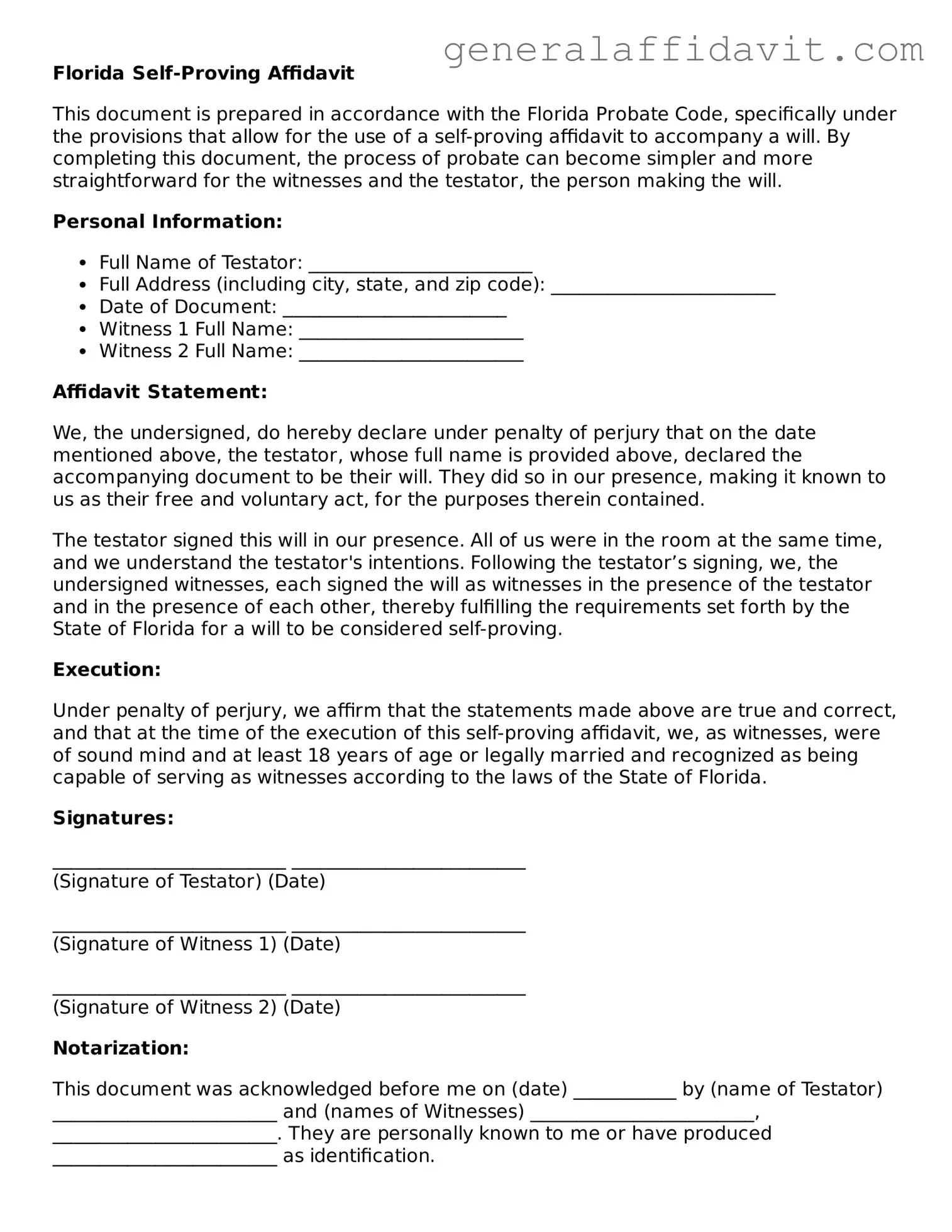 Attorney-Verified Florida Self-Proving Affidavit Template