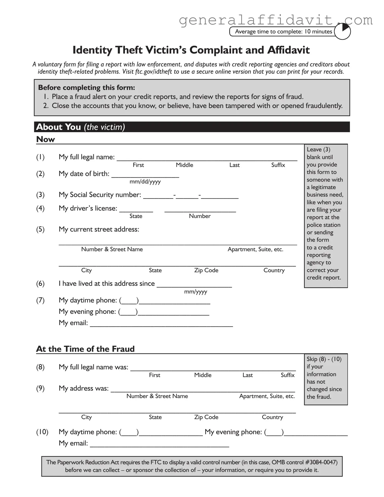 Fill Your Ftc Identity Theft Affidavit Form