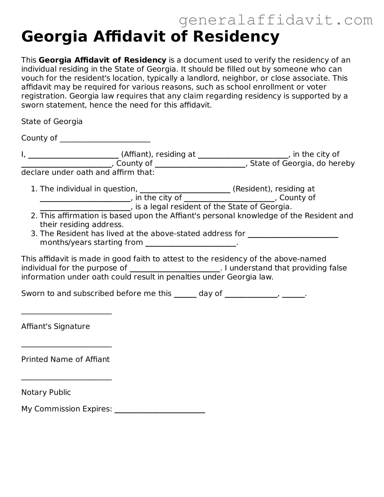 Attorney-Verified Georgia Affidavit of Residency Template