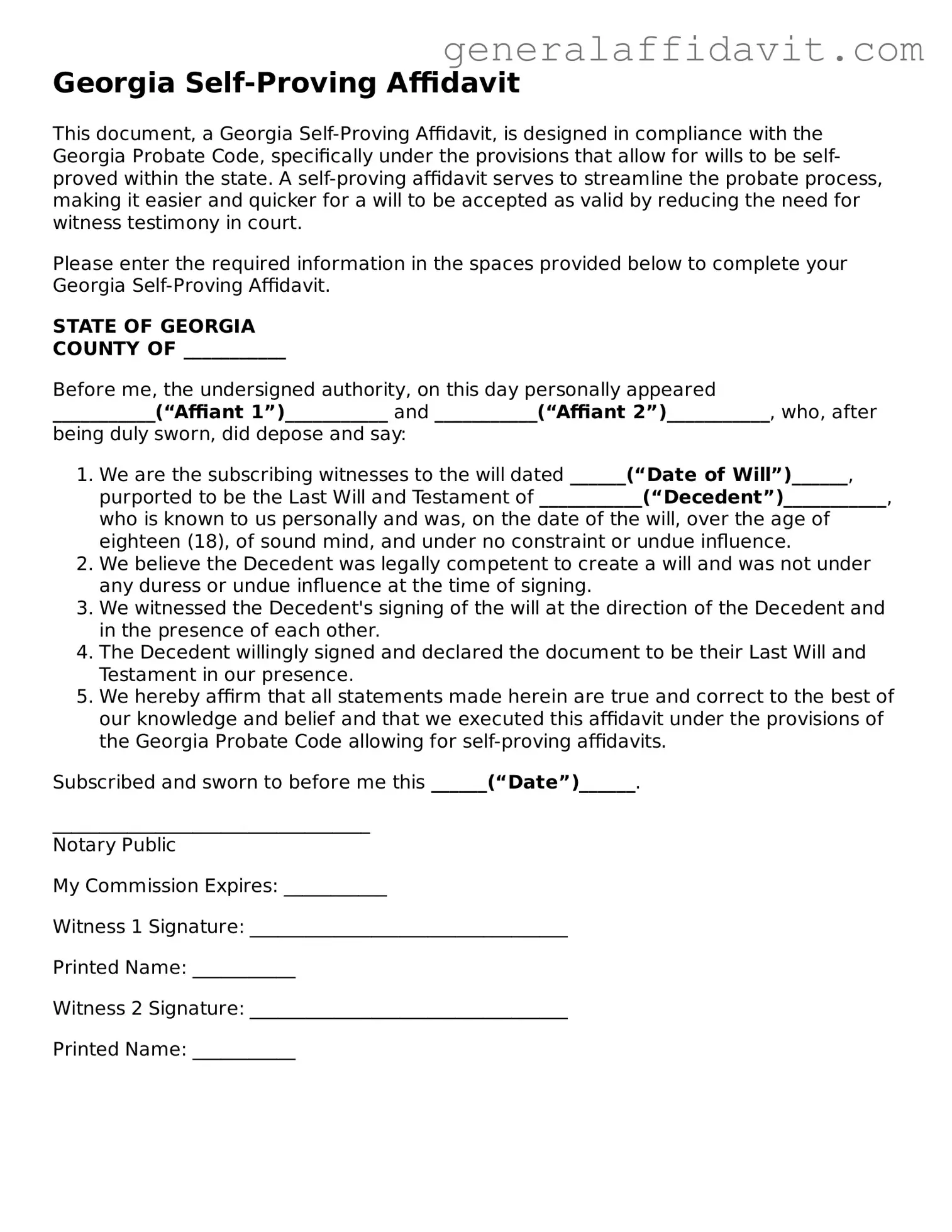 Attorney-Verified Georgia Self-Proving Affidavit Template