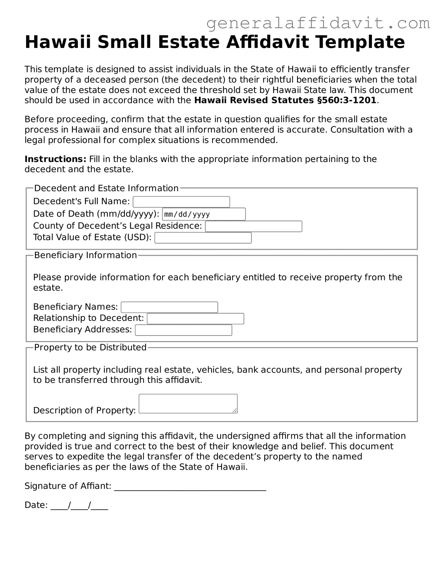 Attorney-Verified Hawaii Small Estate Affidavit Template