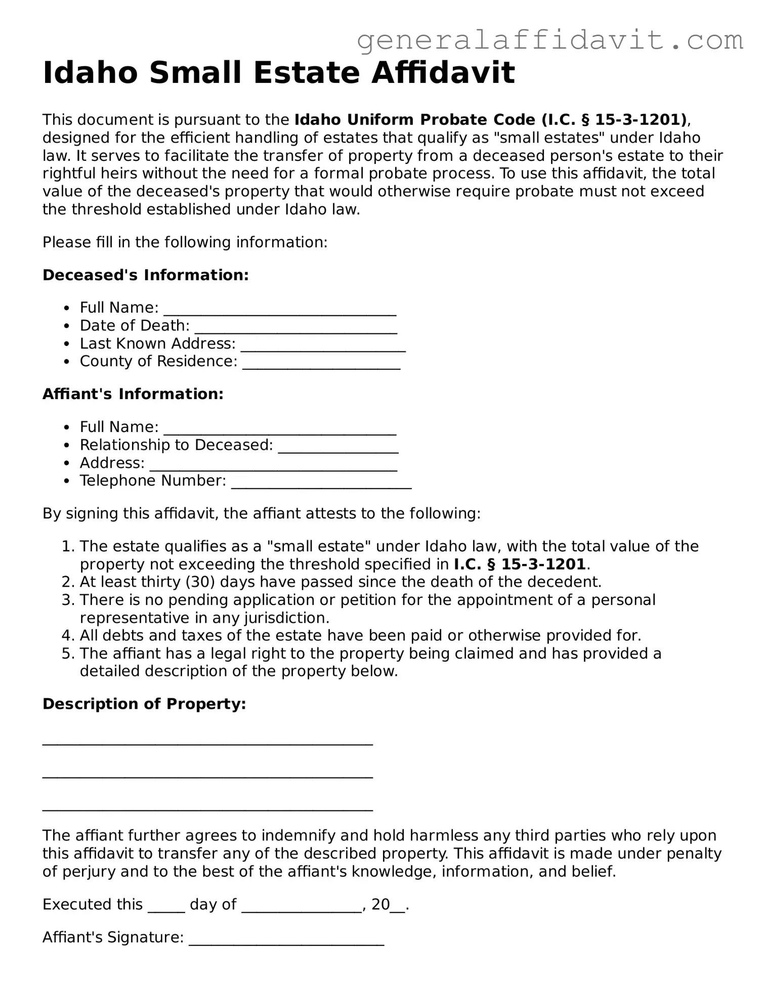 Attorney-Verified Idaho Small Estate Affidavit Template