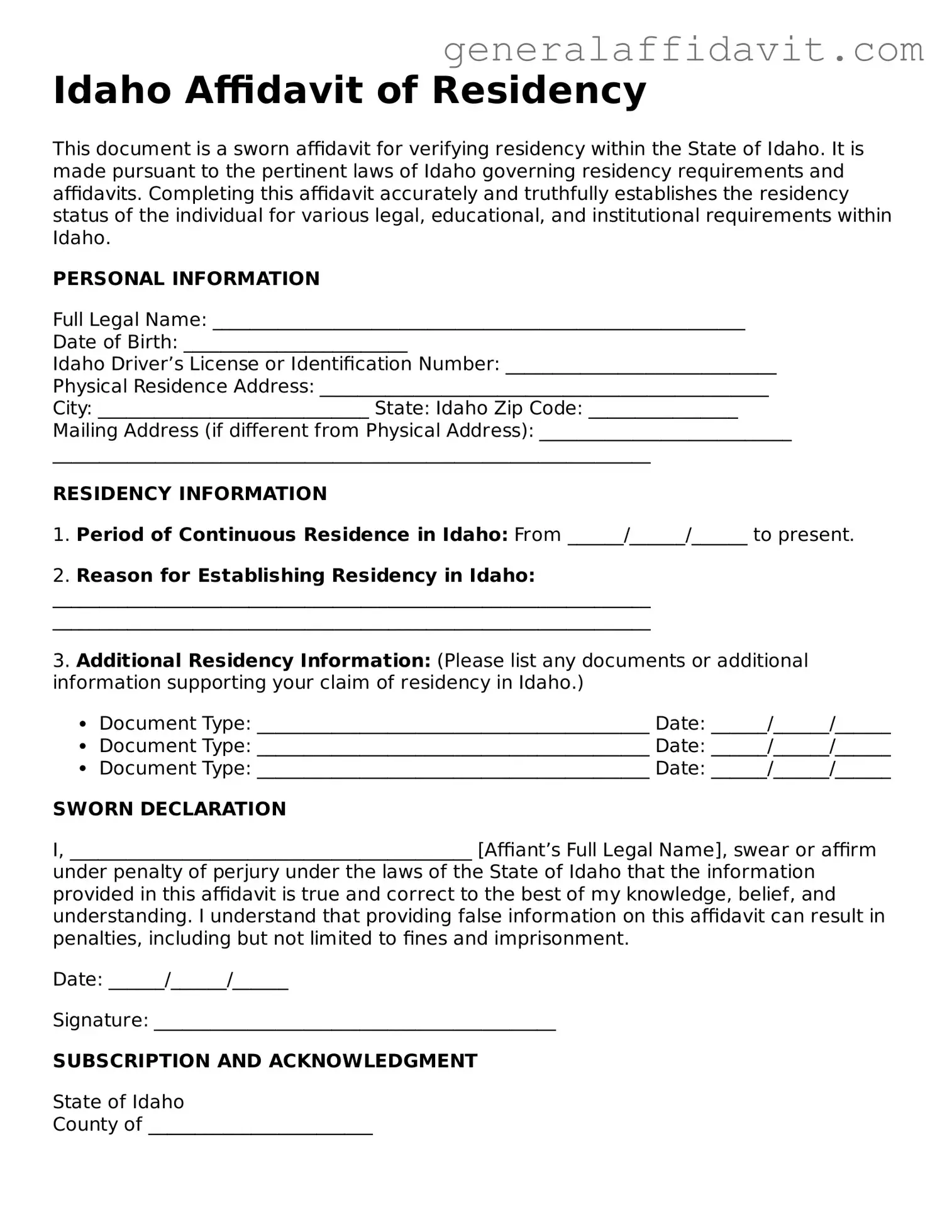 Attorney-Verified Idaho Affidavit of Residency Template