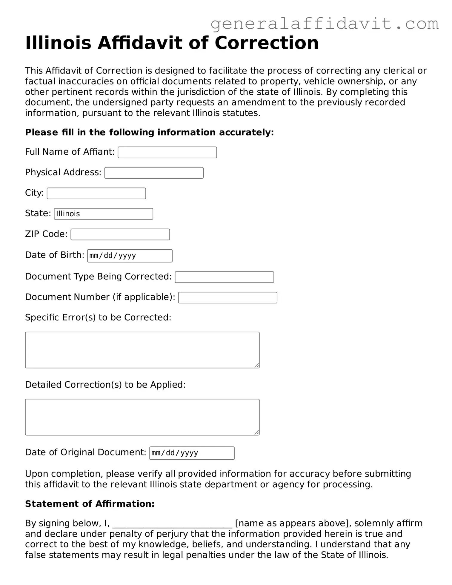 Attorney-Verified Illinois Affidavit of Correction Template