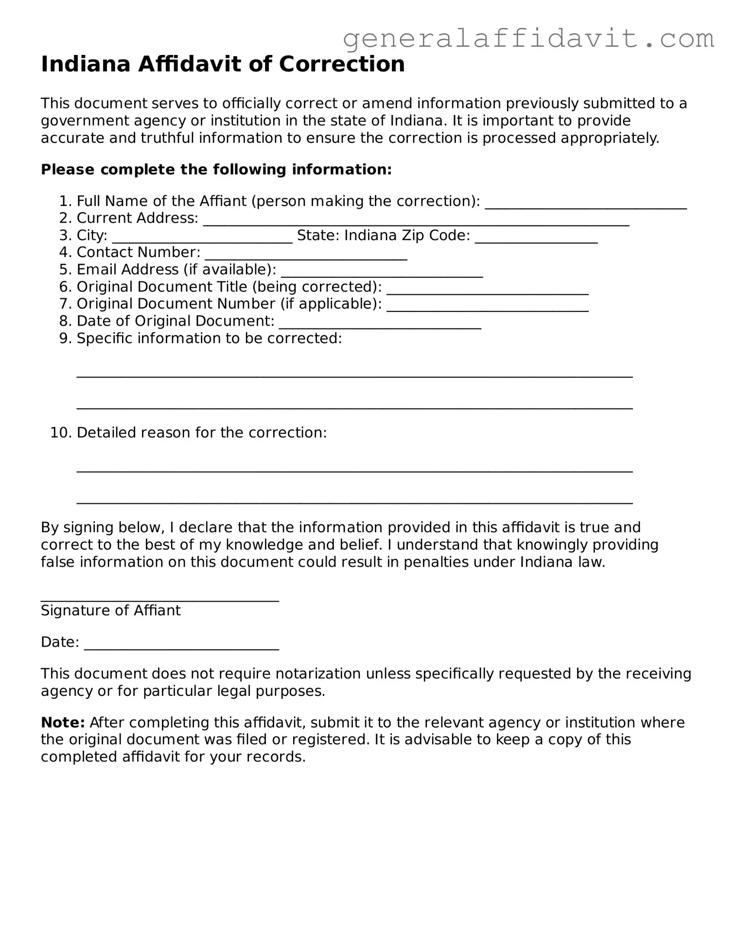 Attorney-Verified Indiana Affidavit of Correction Template
