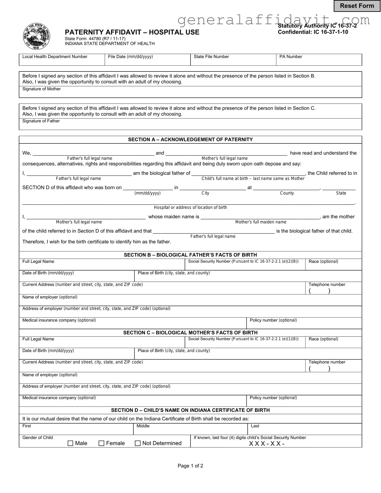 Fill Your Indiana Paternity Affidavit 44780 Form