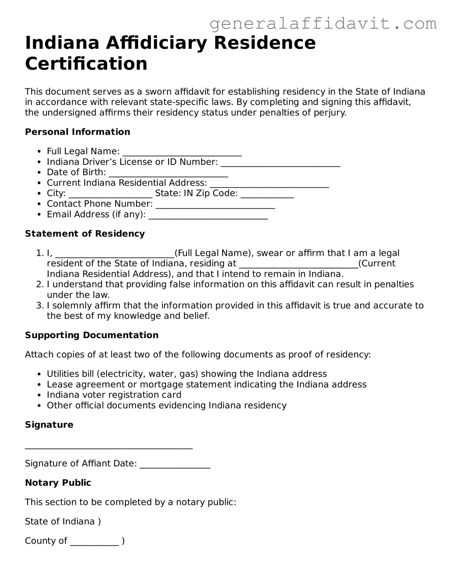 Attorney-Verified Indiana Affidavit of Residency Template