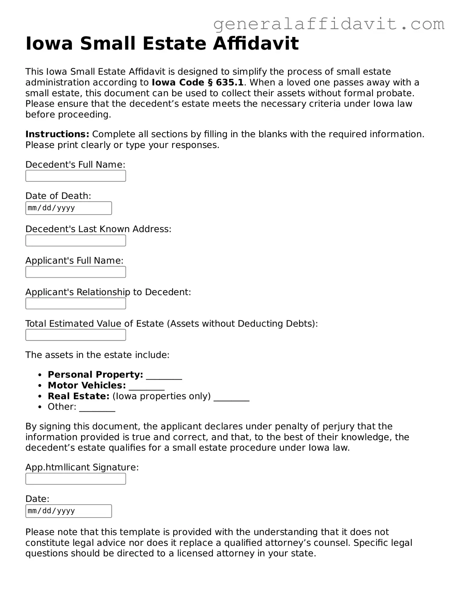 Attorney-Verified Iowa Small Estate Affidavit Template