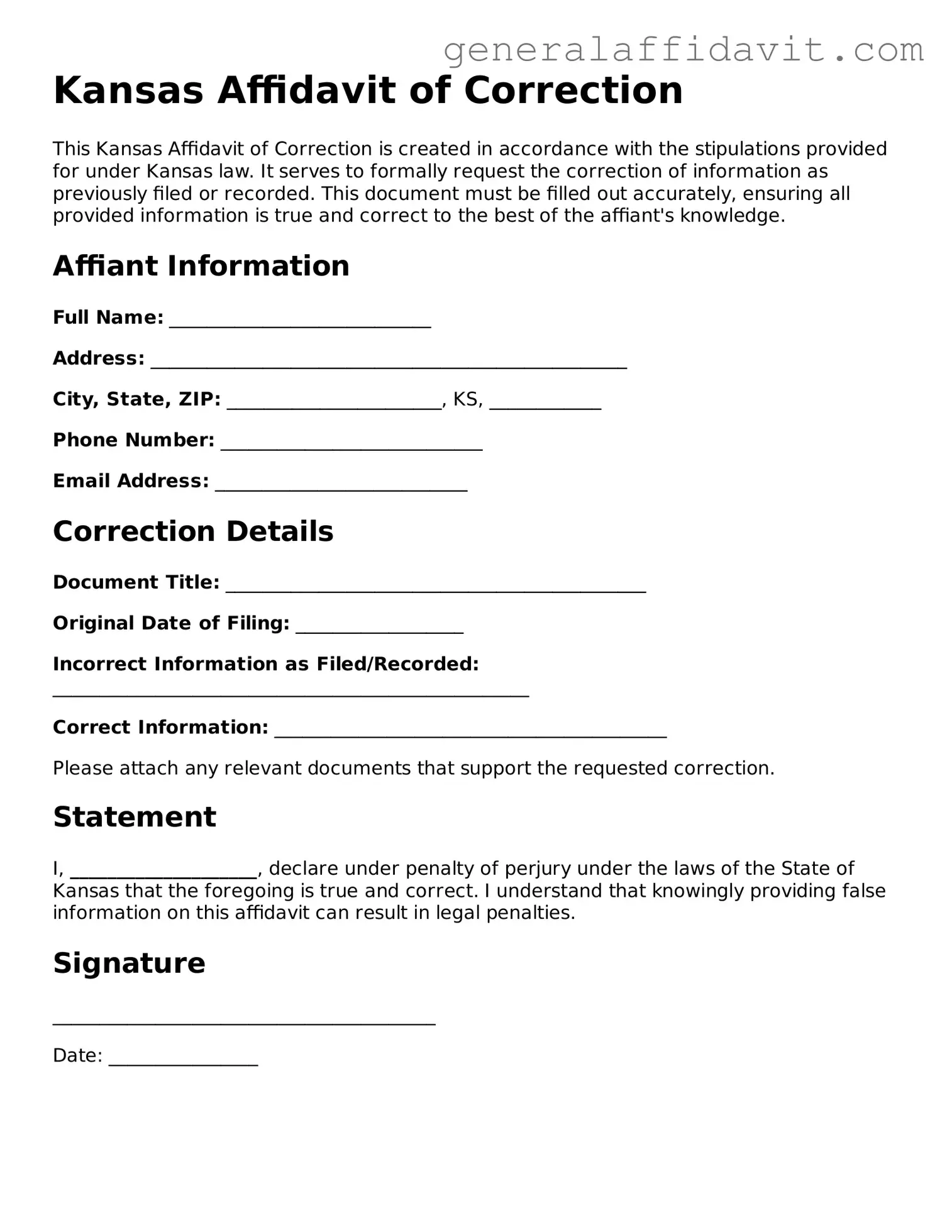 Attorney-Verified Kansas Affidavit of Correction Template