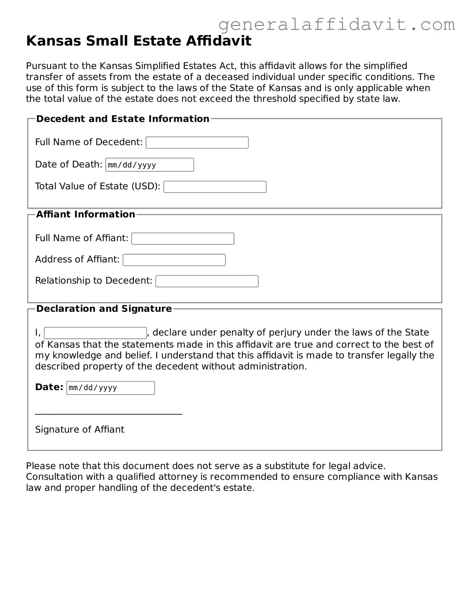 Attorney-Verified Kansas Small Estate Affidavit Template