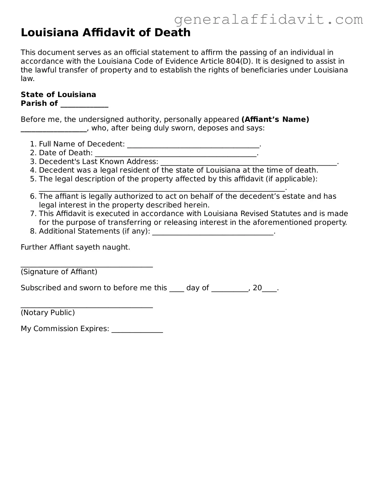 Attorney-Verified Louisiana Affidavit of Death Template