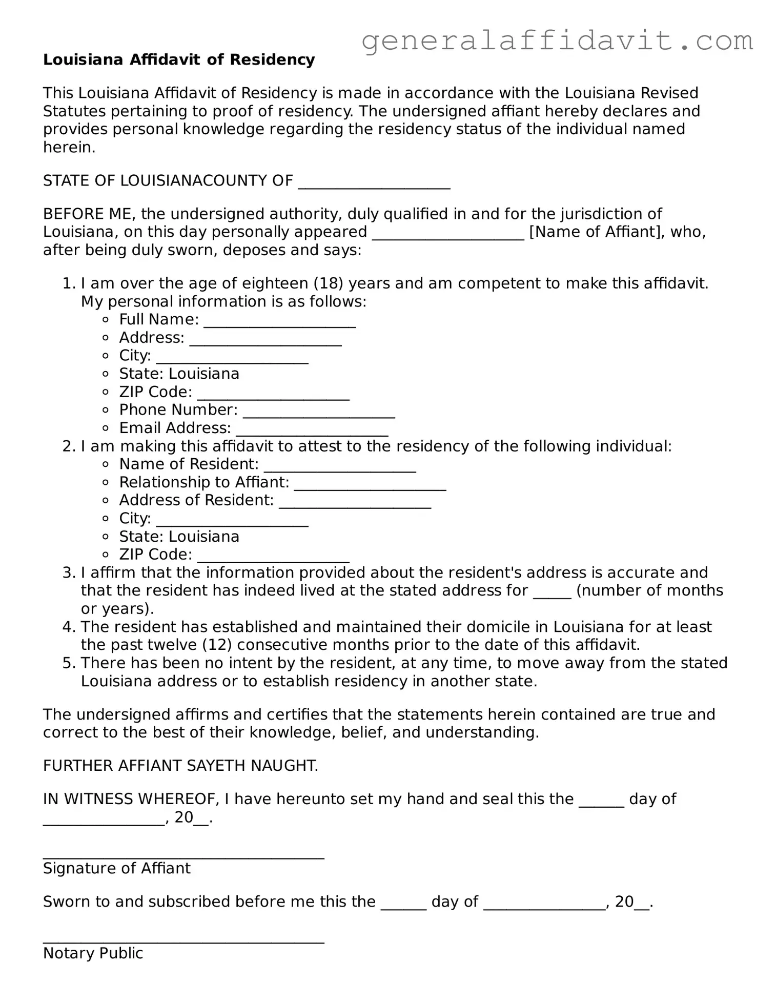Attorney-Verified Louisiana Affidavit of Residency Template