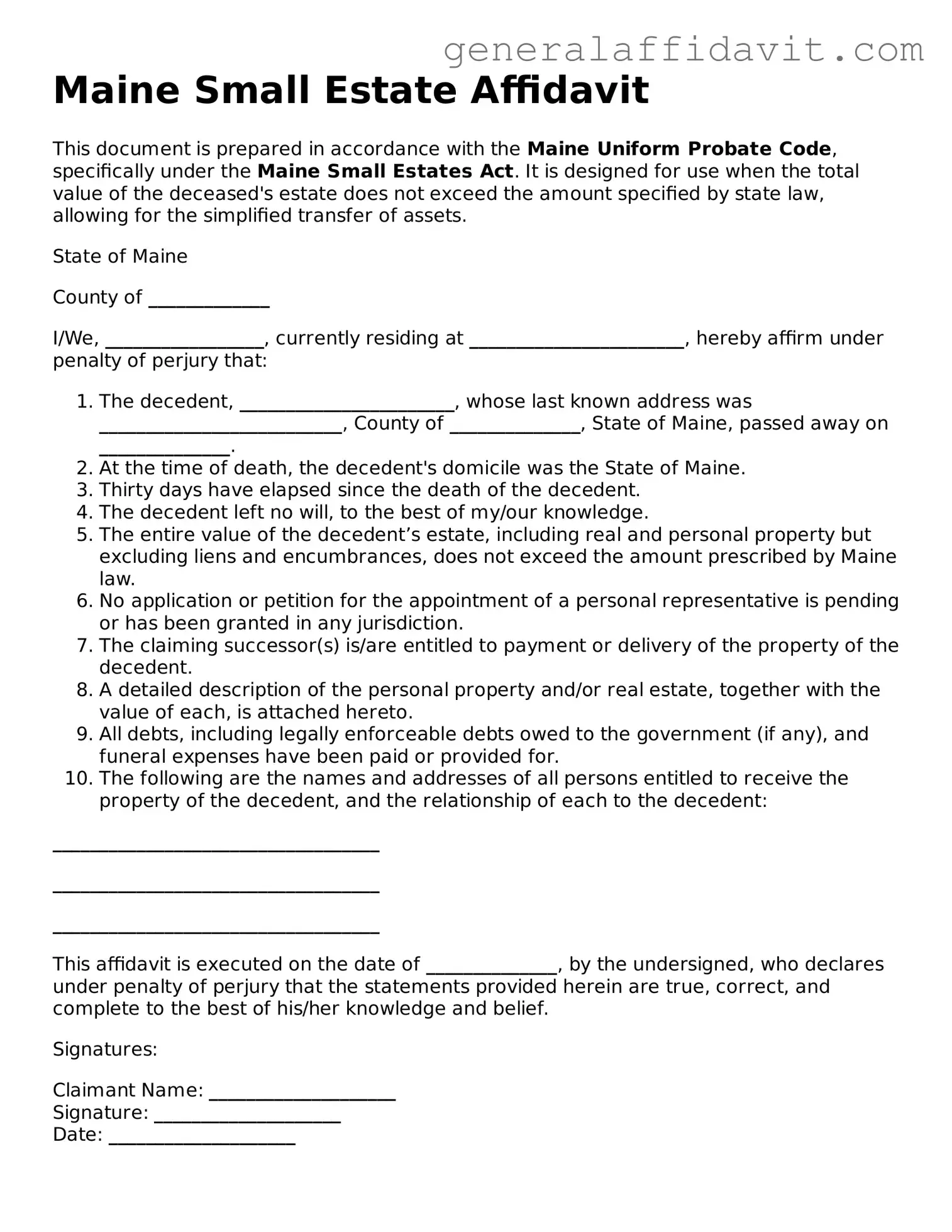 Attorney-Verified Maine Small Estate Affidavit Template