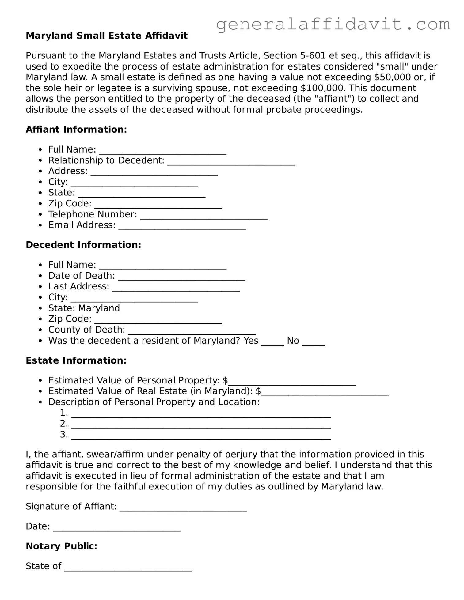 Attorney-Verified Maryland Small Estate Affidavit Template