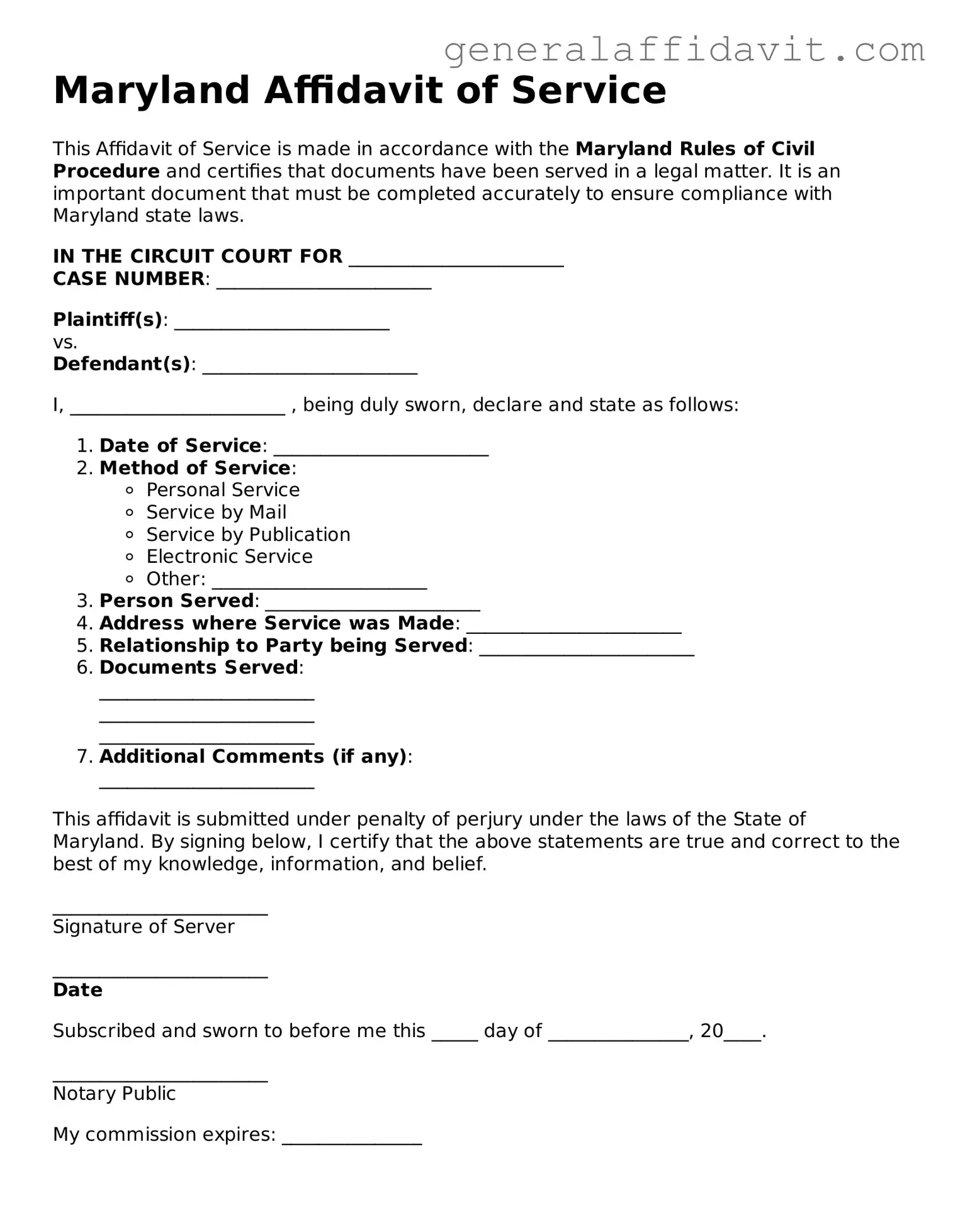 Attorney-Verified Maryland Affidavit of Service Template