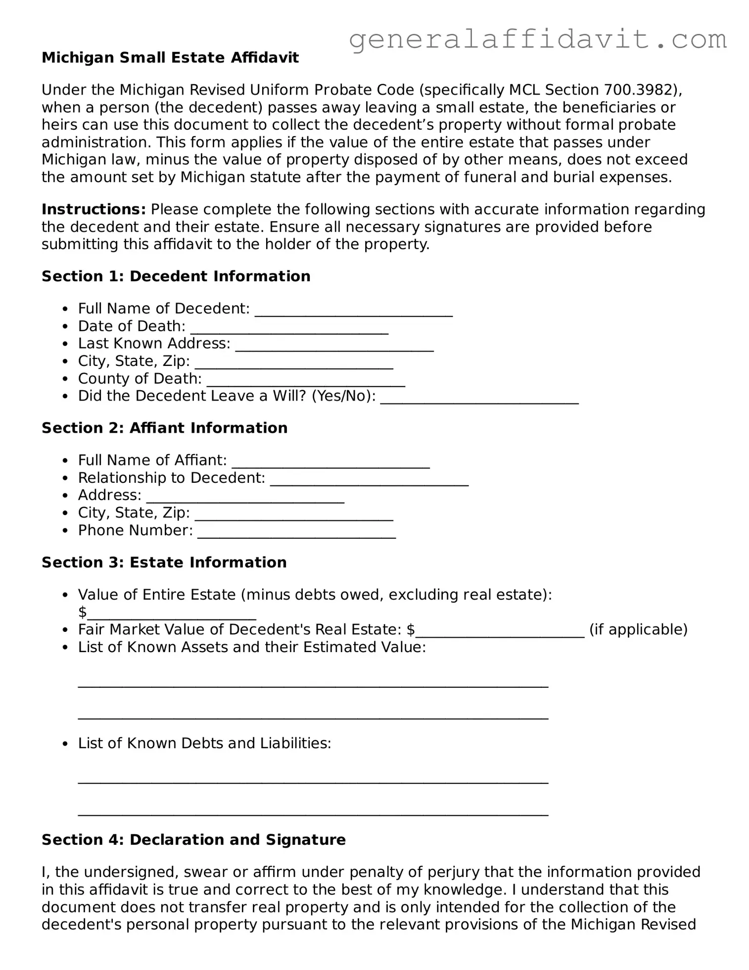 Attorney-Verified Michigan Small Estate Affidavit Template