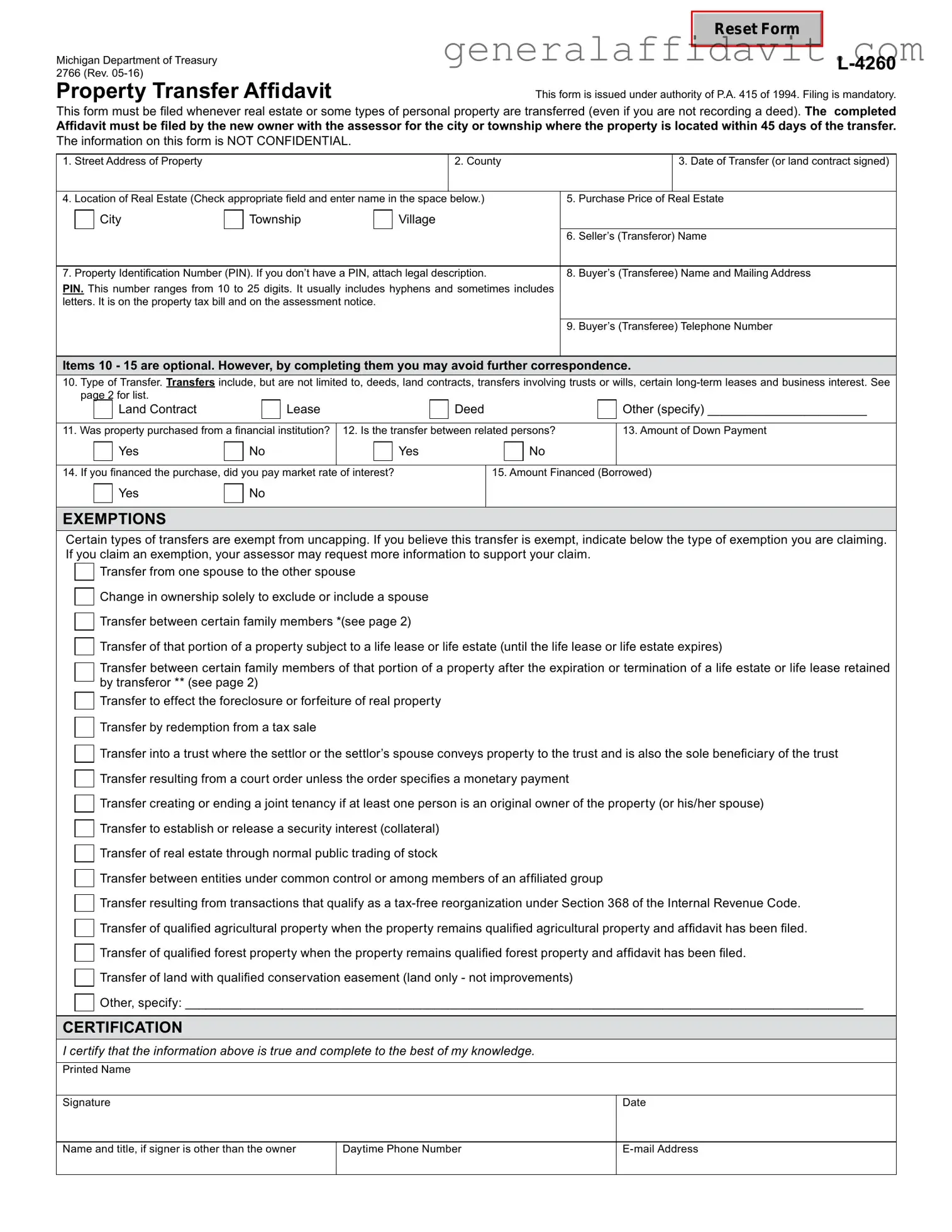 Fill Your Michigan Property Transfer Affidavit 2766 Form