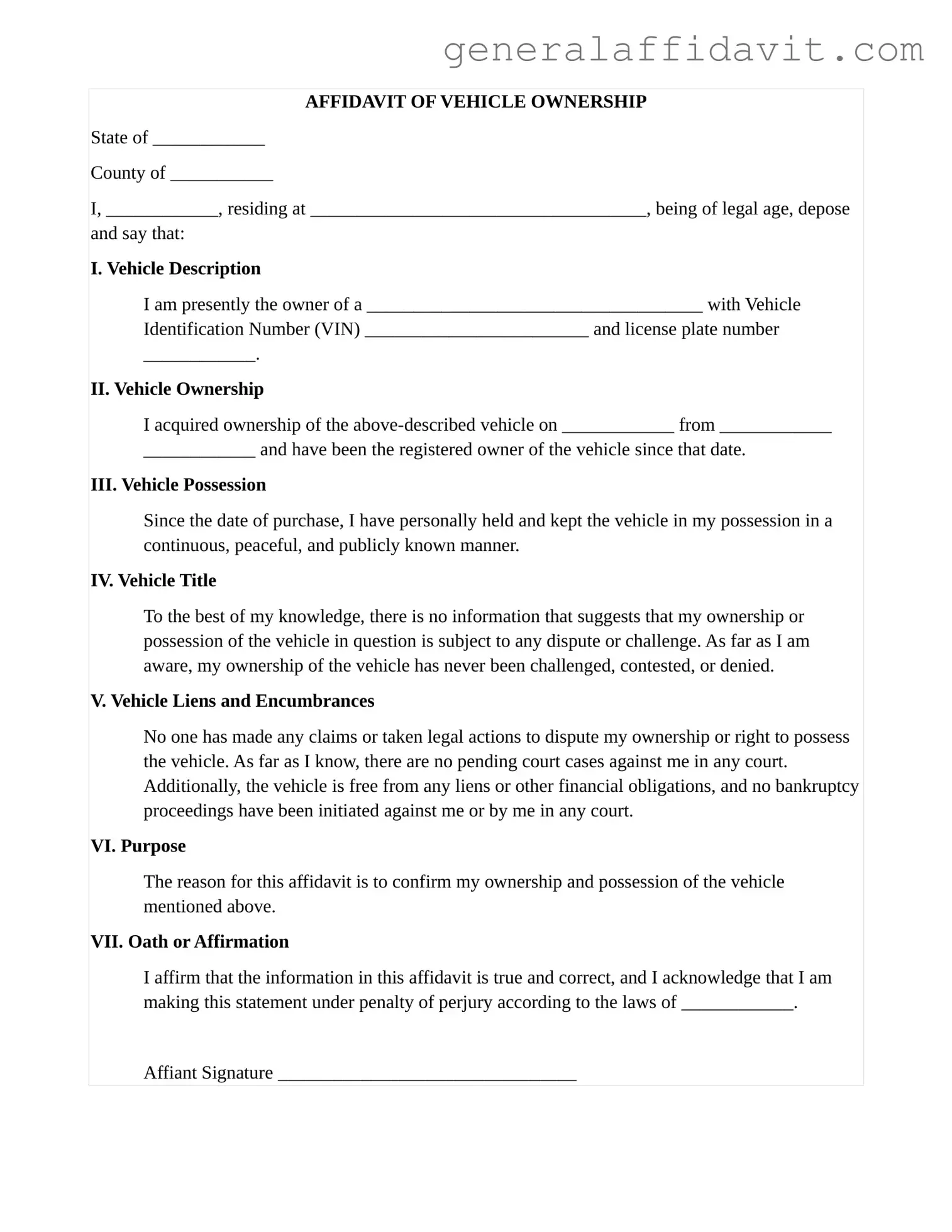 Fill Your Motor Vehicle Ownership Affidavit Form