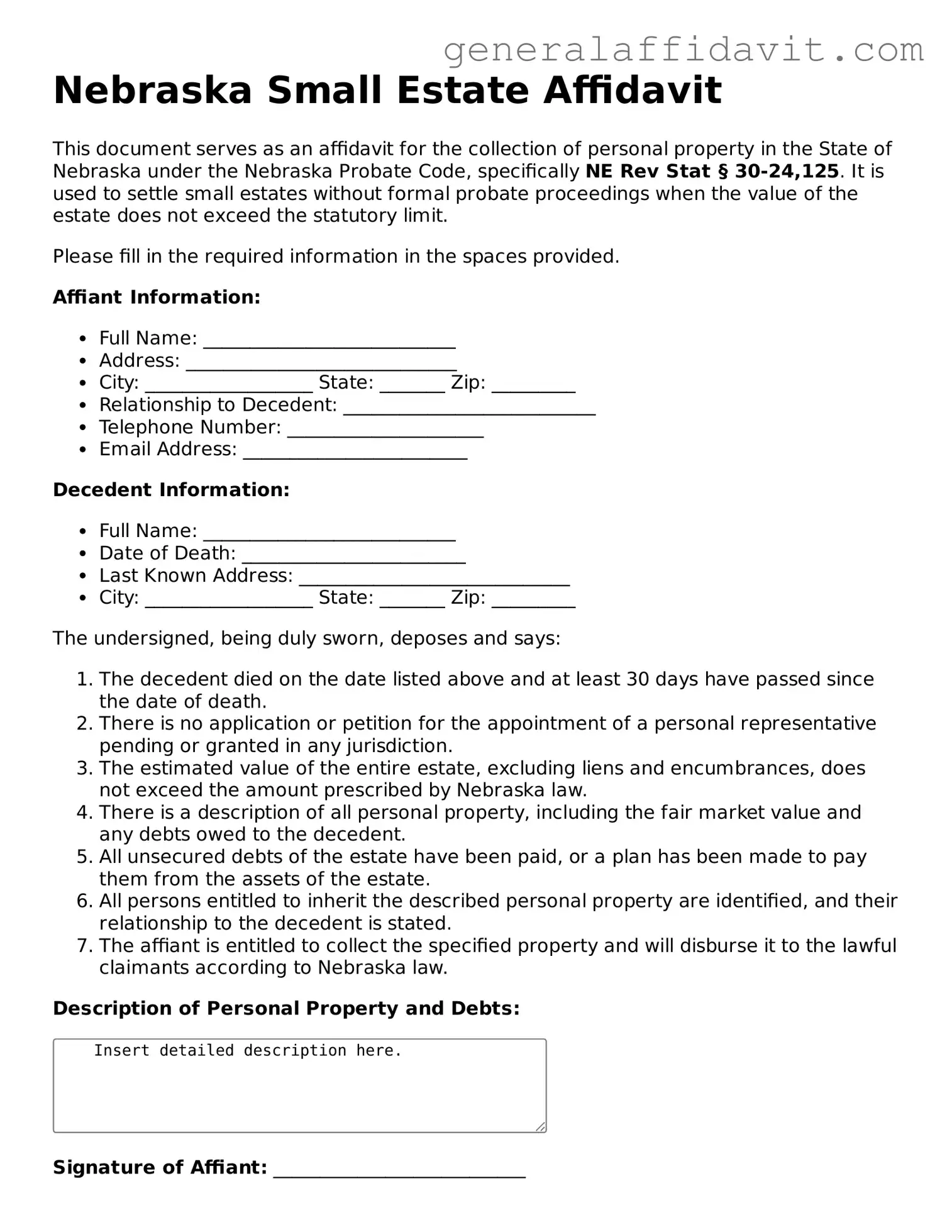 Attorney-Verified Nebraska Small Estate Affidavit Template