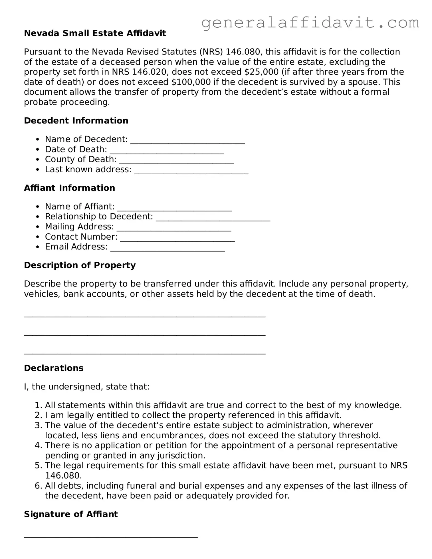 Attorney-Verified Nevada Small Estate Affidavit Template