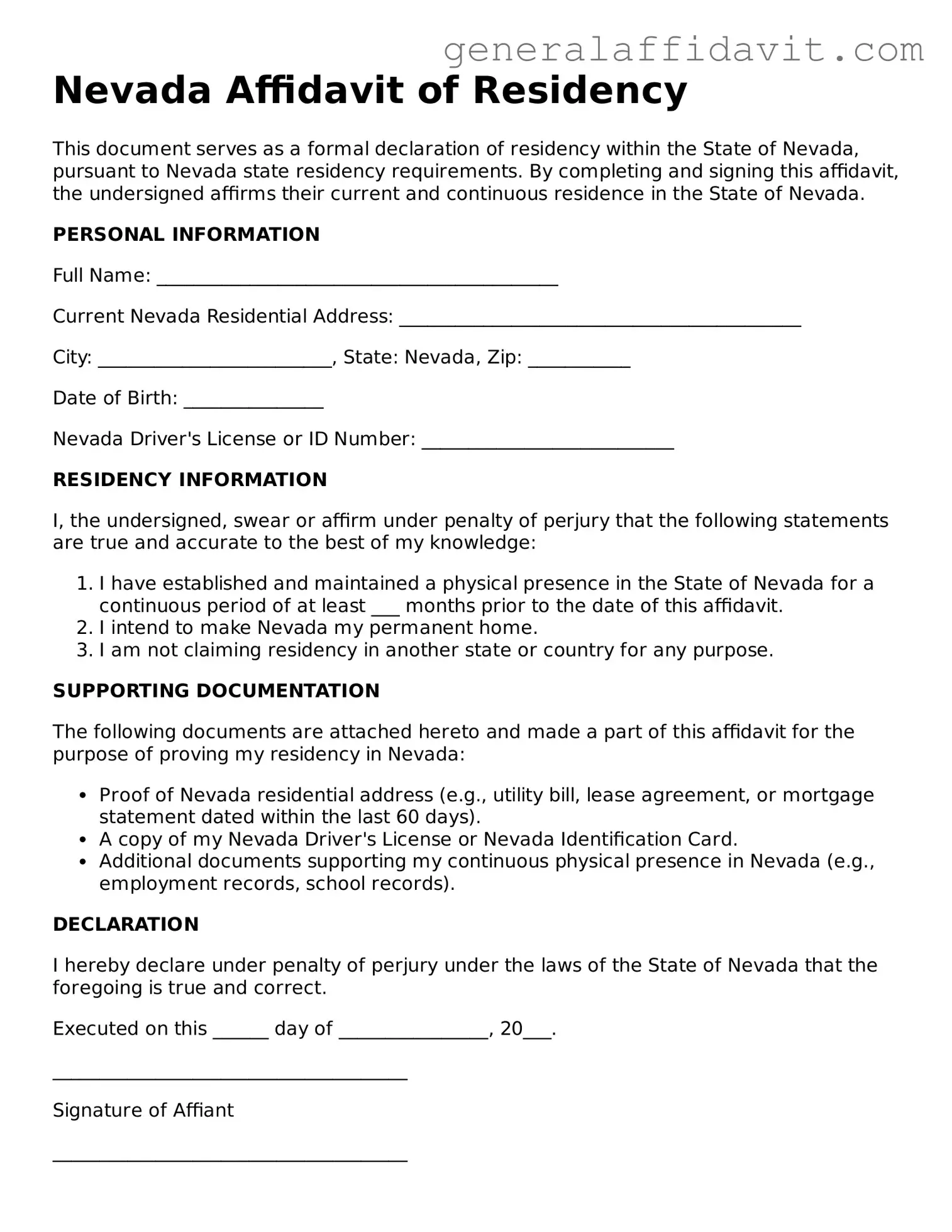 Attorney-Verified Nevada Affidavit of Residency Template