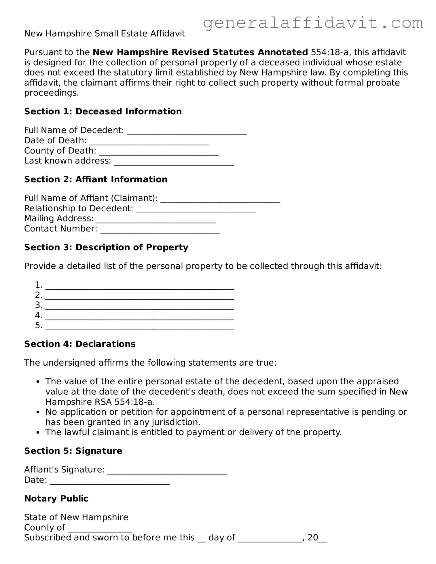 Attorney-Verified New Hampshire Small Estate Affidavit Template