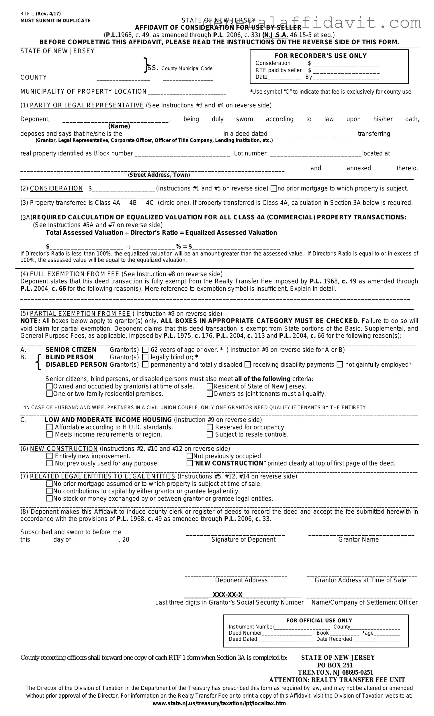 Fill Your New Jersey Affidavit of Consideration RTF-1 Form